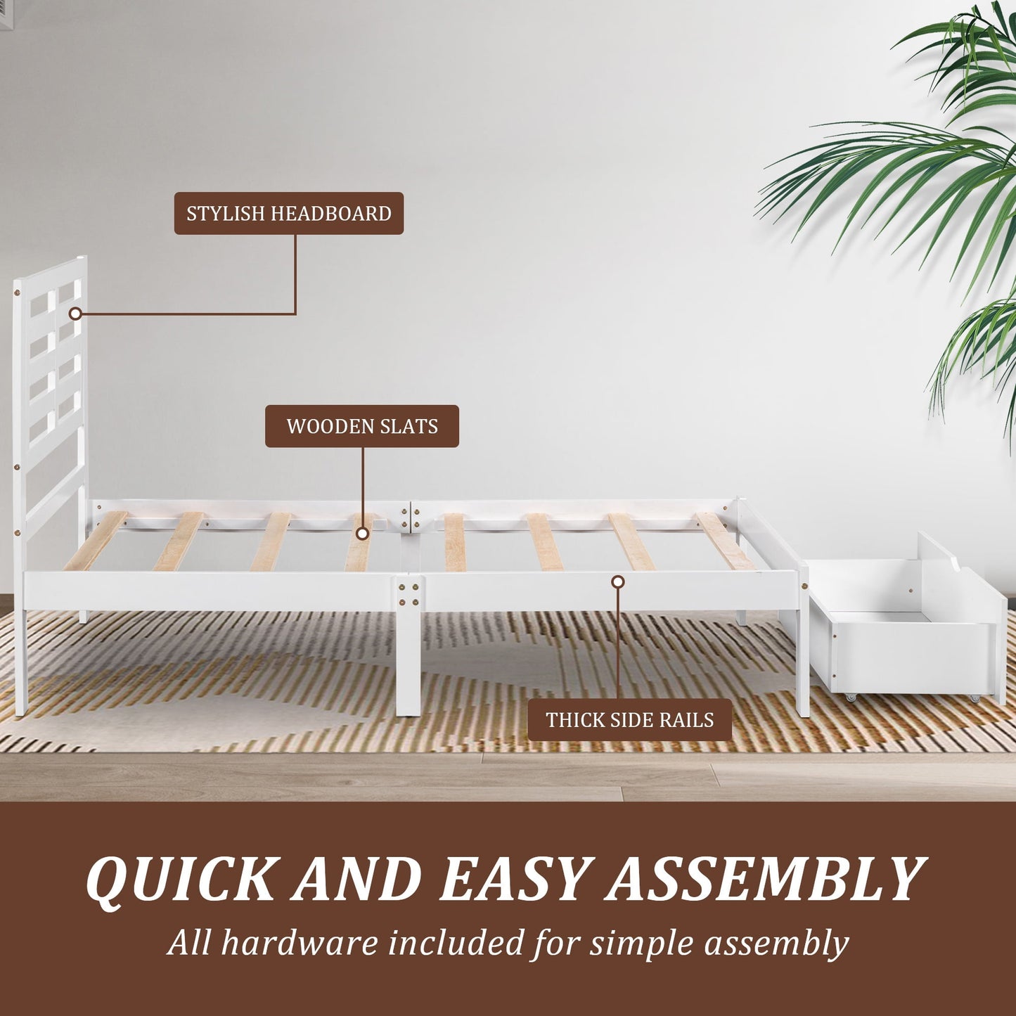 UHOMEPRO Twin Kids Platform Bed Frame with Headboard, Wood Twin Bed Frame Storage Bed for Bedroom, Modern Twin Size Bed Frame with Drawer, Wood Slats Support, No Box Spring Needed, White