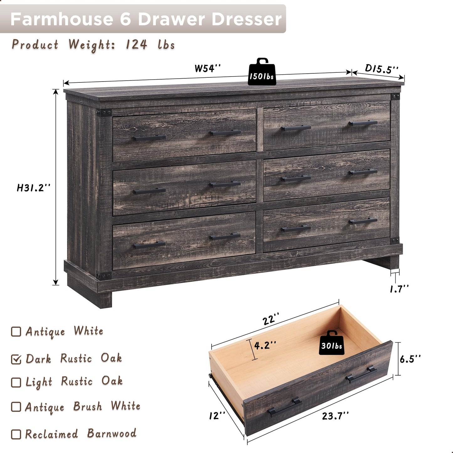 OKD Farmhouse 6 Drawers Dresser for Bedroom, Large Chest of Drawers with Thick Plank Styling, Wood Rustic Closet Dresser for Bedroom, Living Room, Dark Rustic Oak