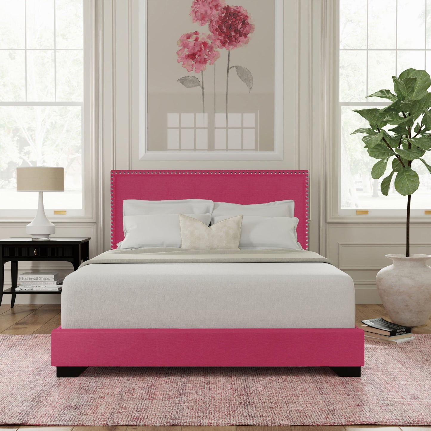 Skylar Nailhead Trim Upholstered Full Platform Bed, Pink