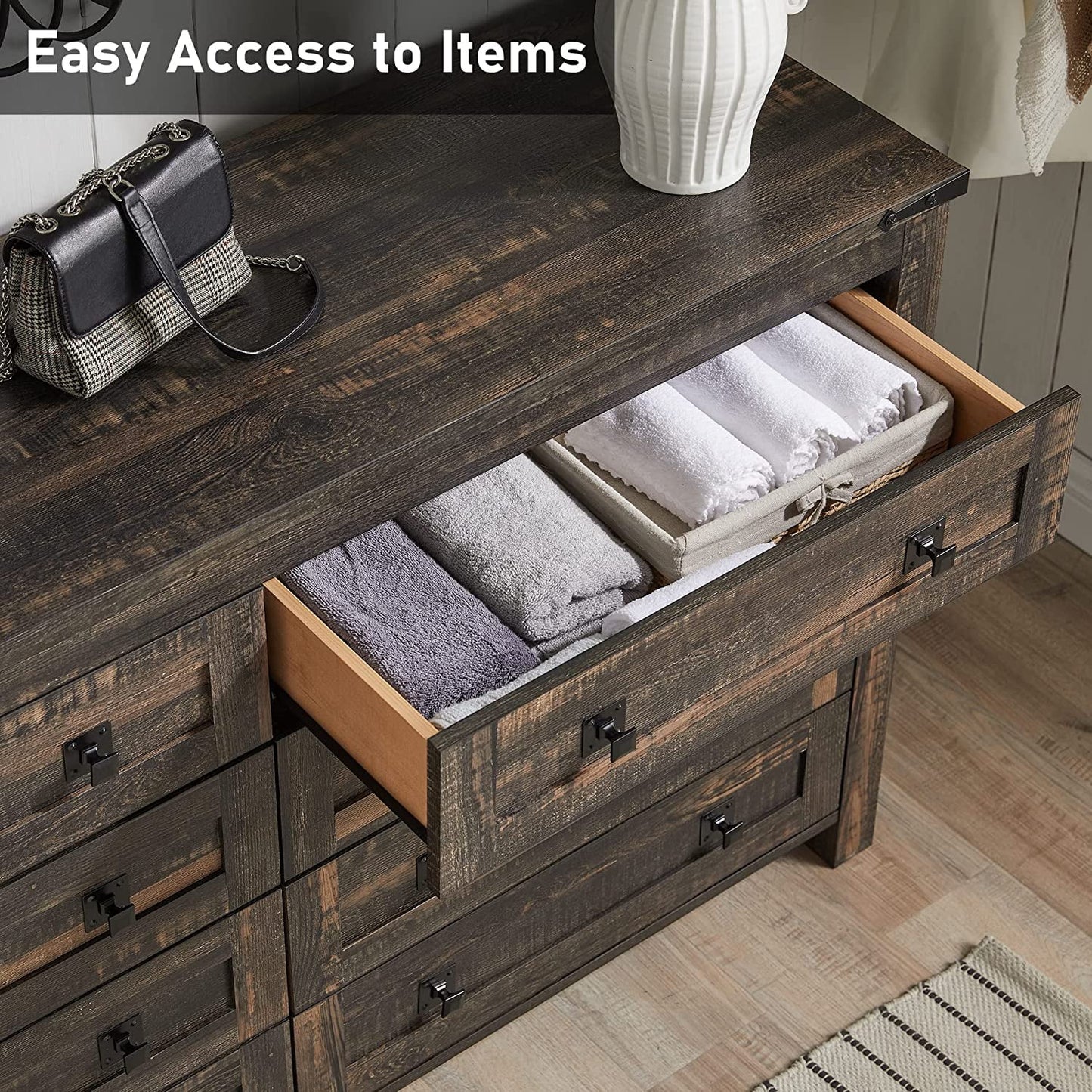 Farmhouse Style OKD 8-Drawer Wooden Dresser Chest, Rustic Tall Storage Cabinet for Bedroom, Dark Rustic Oak