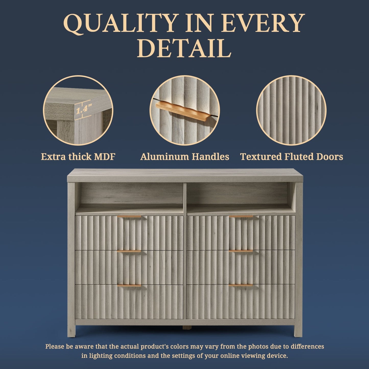 OAKHAM 6 Drawer Dresser, Fluted Wide Chest of Drawers for Bedroom Living Room, Gray Oak