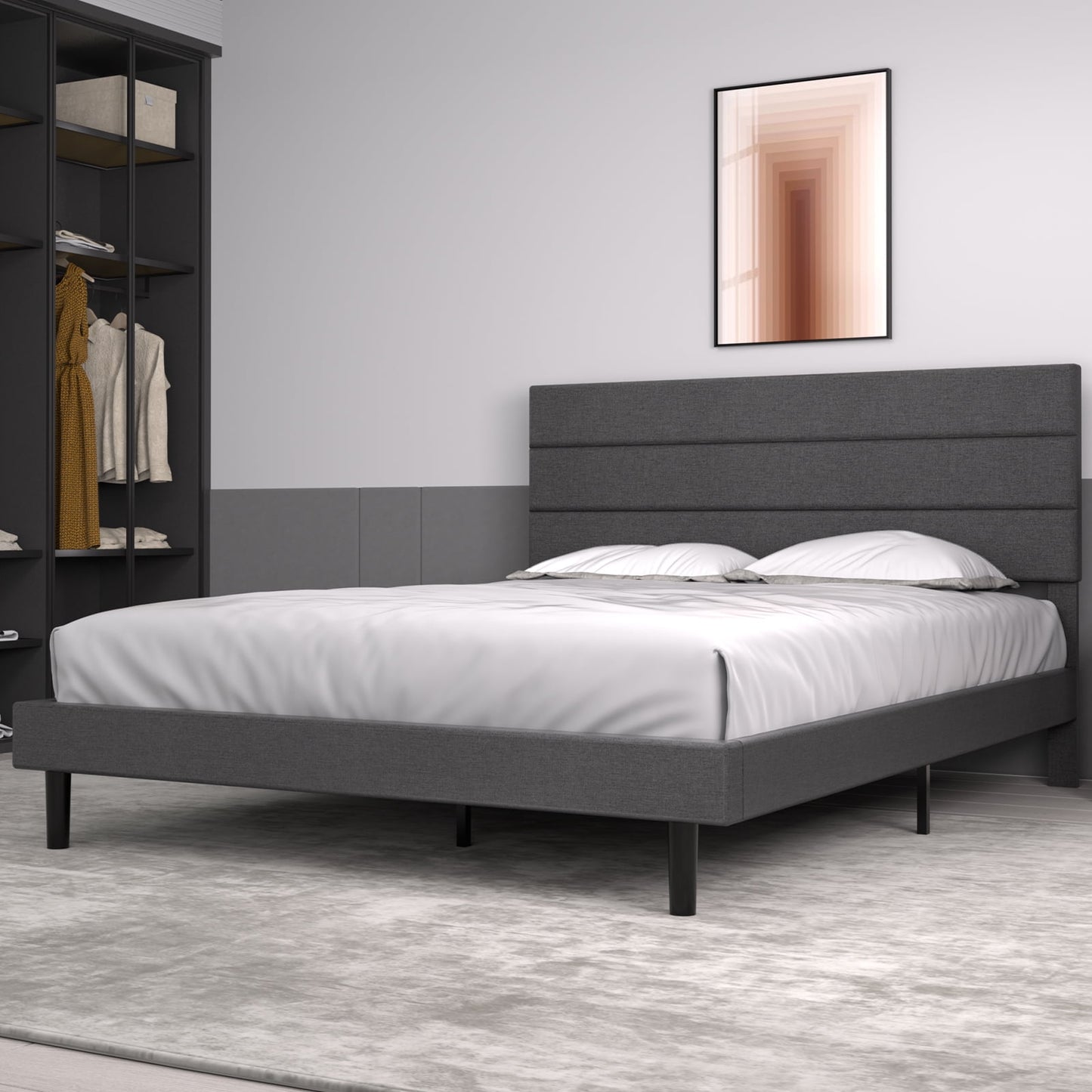 LAFGUR Queen Size Platform Bed Frame with Fabric Upholstered Headboard and Wooden Slats Support, Fully Upholstered Mattress Foundation/No Box Spring Needed/Easy Assembly, Dark Grey