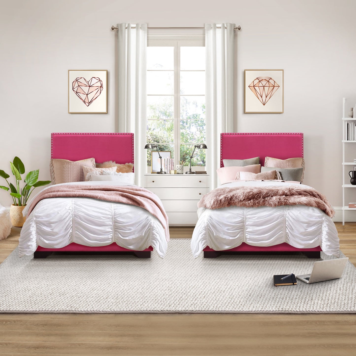 Skylar Nailhead Trim Upholstered Twin Platform Bed, Pink