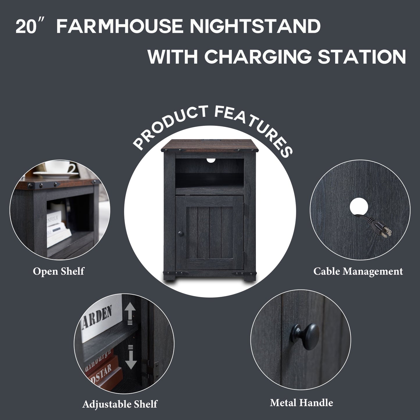 SinCiDo Nightstand with Charging Station, 20in Farmhouse End Table w/Groove Barn Door, Bedside Table