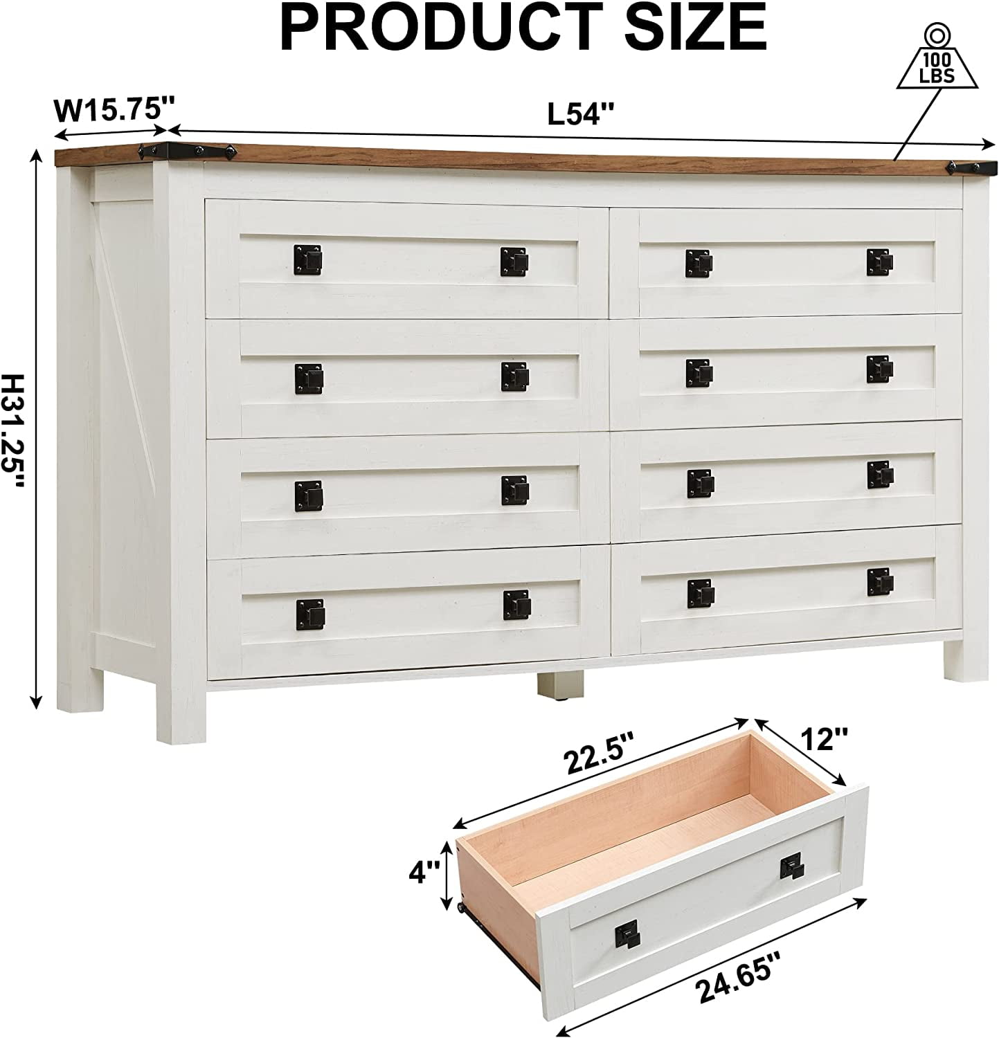 OKD 8 Drawers Dresser Chests for Home Bedroom Living Room, Farmhouse Wood Rustic Tall Chest of Drawers, Antique White