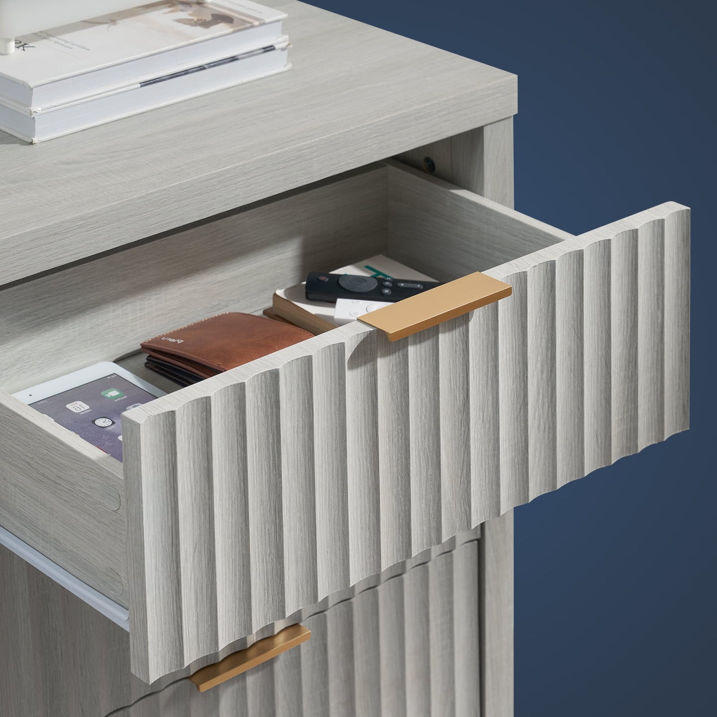 OAKHAM 8 Drawer Dresser, Fluted Wide Chest of Drawers for Bedroom Living Room, Pale Oak