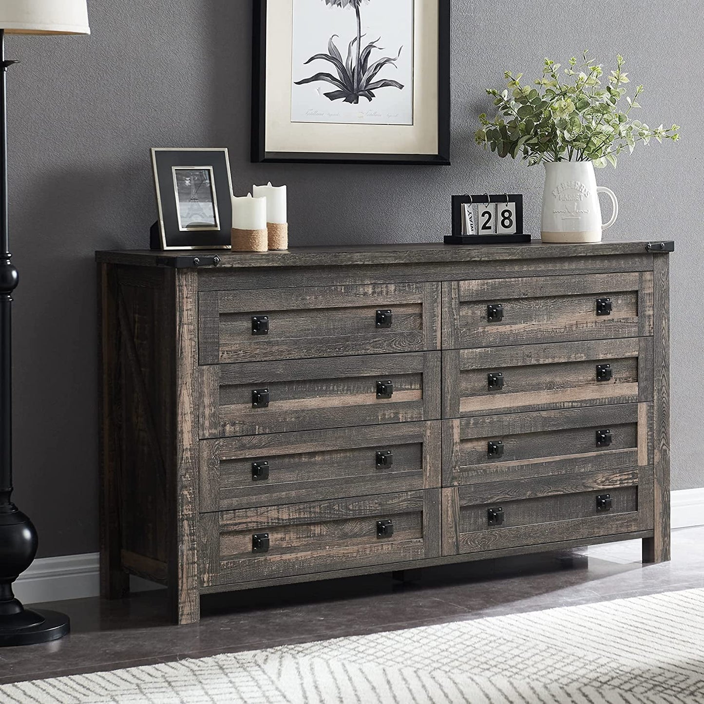 Farmhouse Style OKD 8-Drawer Wooden Dresser Chest, Rustic Tall Storage Cabinet for Bedroom, Dark Rustic Oak