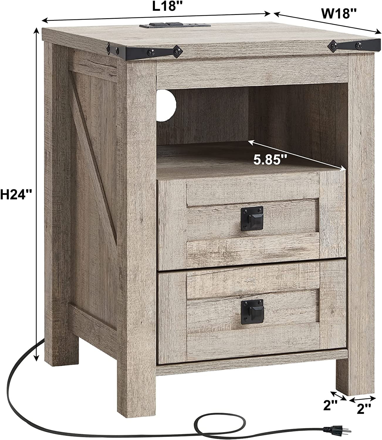 OKD 2-Drawer Nightstand with Charging Station for Living Room, End Table, Side Table, Light Rustic Oak