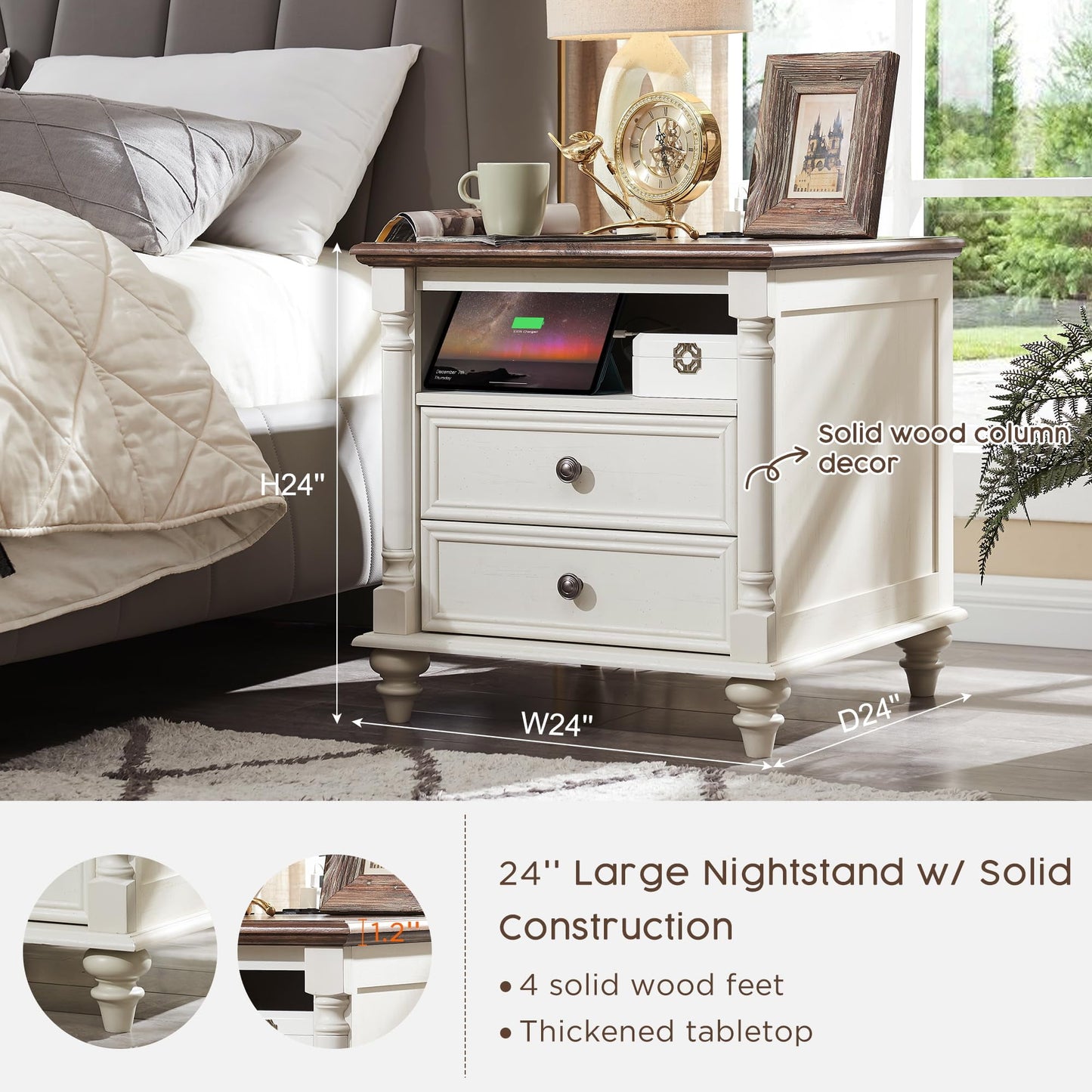 OKD Farmhouse 24in End Side Table with 2 Drawers Nightstand with Charging Station Rustic Wood Square for Living Room, Bedroom, Antique White