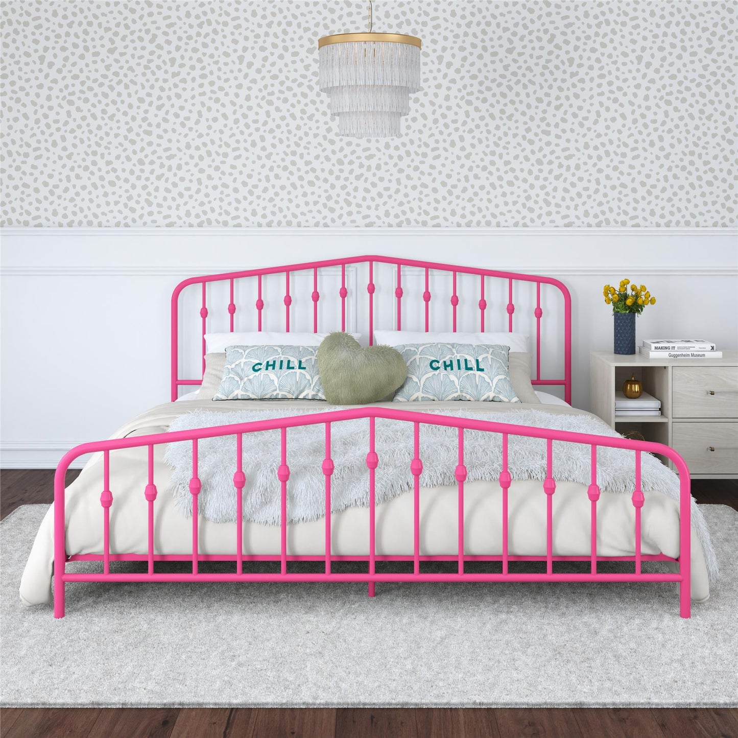 Novogratz Bushwick Metal Platform Bed Frame with Headboard, King, Hot Pink