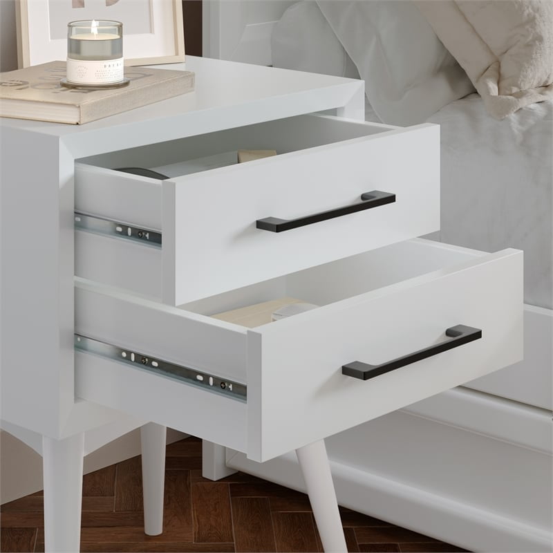 AFI Pasadena Solid Wood Mid-Century Modern Nightstand with 2 Drawers, White
