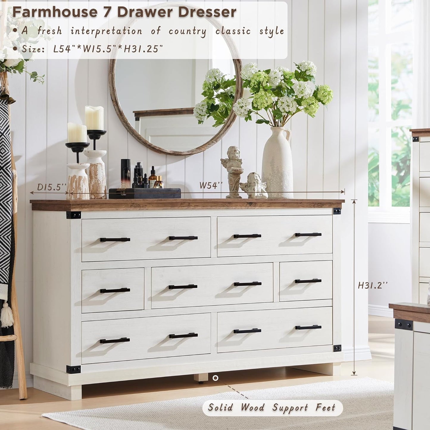 OKD 54in W Farmhouse Dresser 7 Drawers Modern Rustic Wood Chest of Drawers Closet Storage Organizers for Bedroom Living Room Hallway£¬Antique White