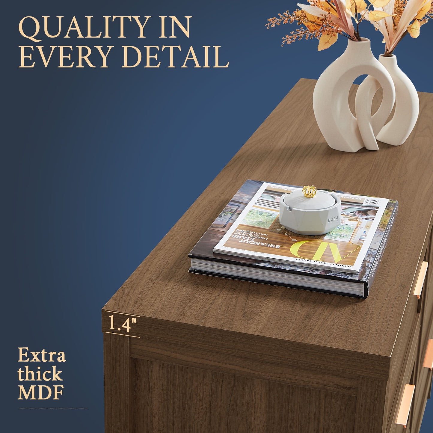 OAKHAM 6 Drawer Dresser, Wooden Chests of Drawers, Modern Large Dressers for Bedroom, Special Walnut