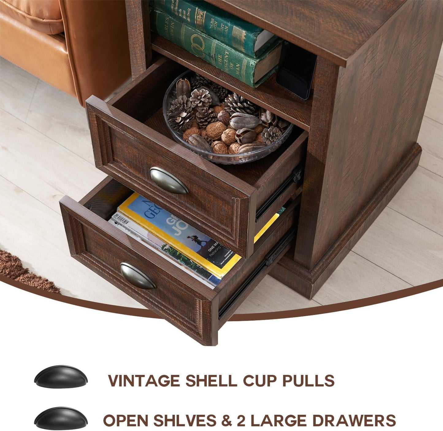 SinCiDo End Table, Dresser for Bedroom with 2 Drawers, Small Wood Rustic Nightstand with Charging Station for Living Room