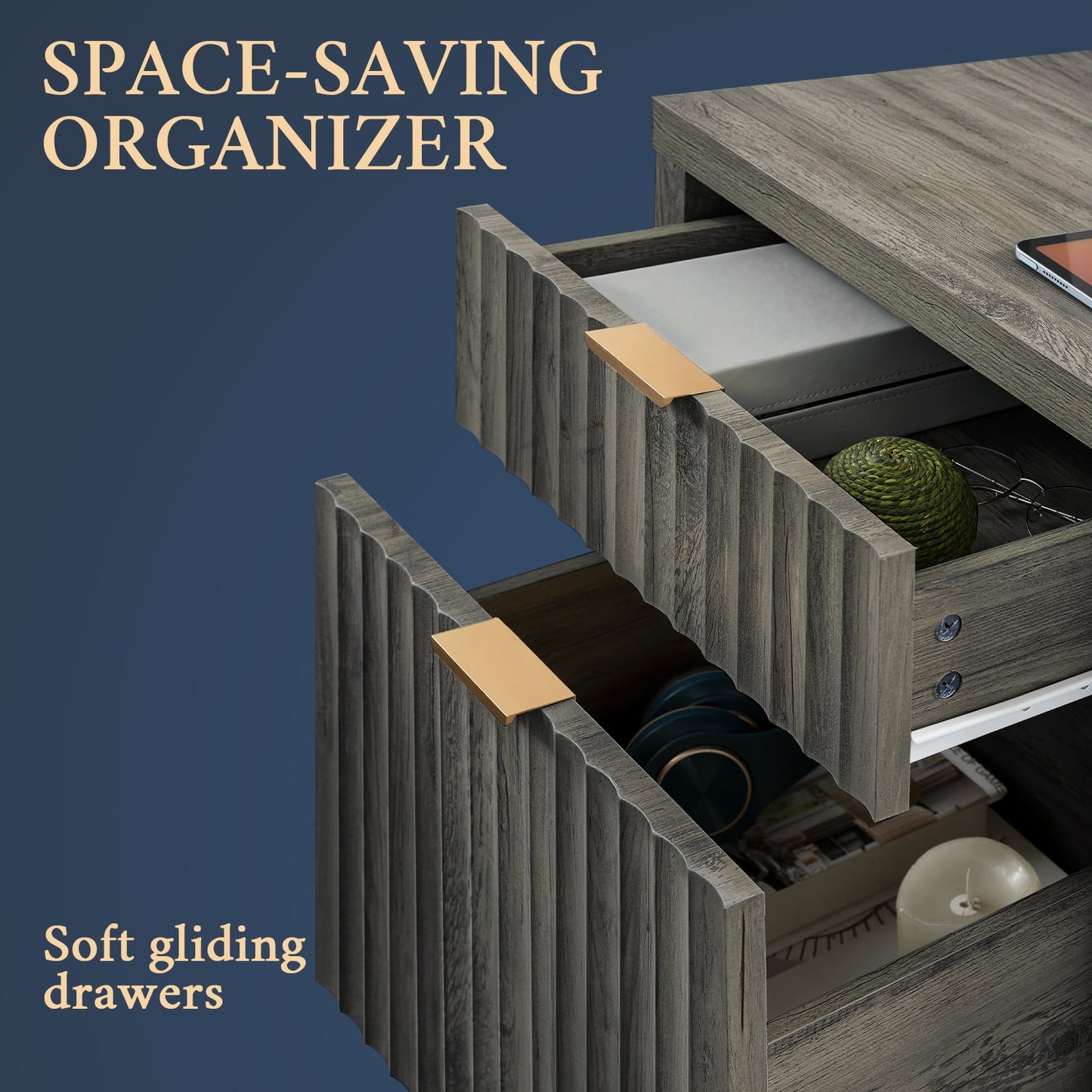 OAKHAM 2-Drawer Nightstand with Charging Station, Farmhouse Bedside Tables, Set of 2