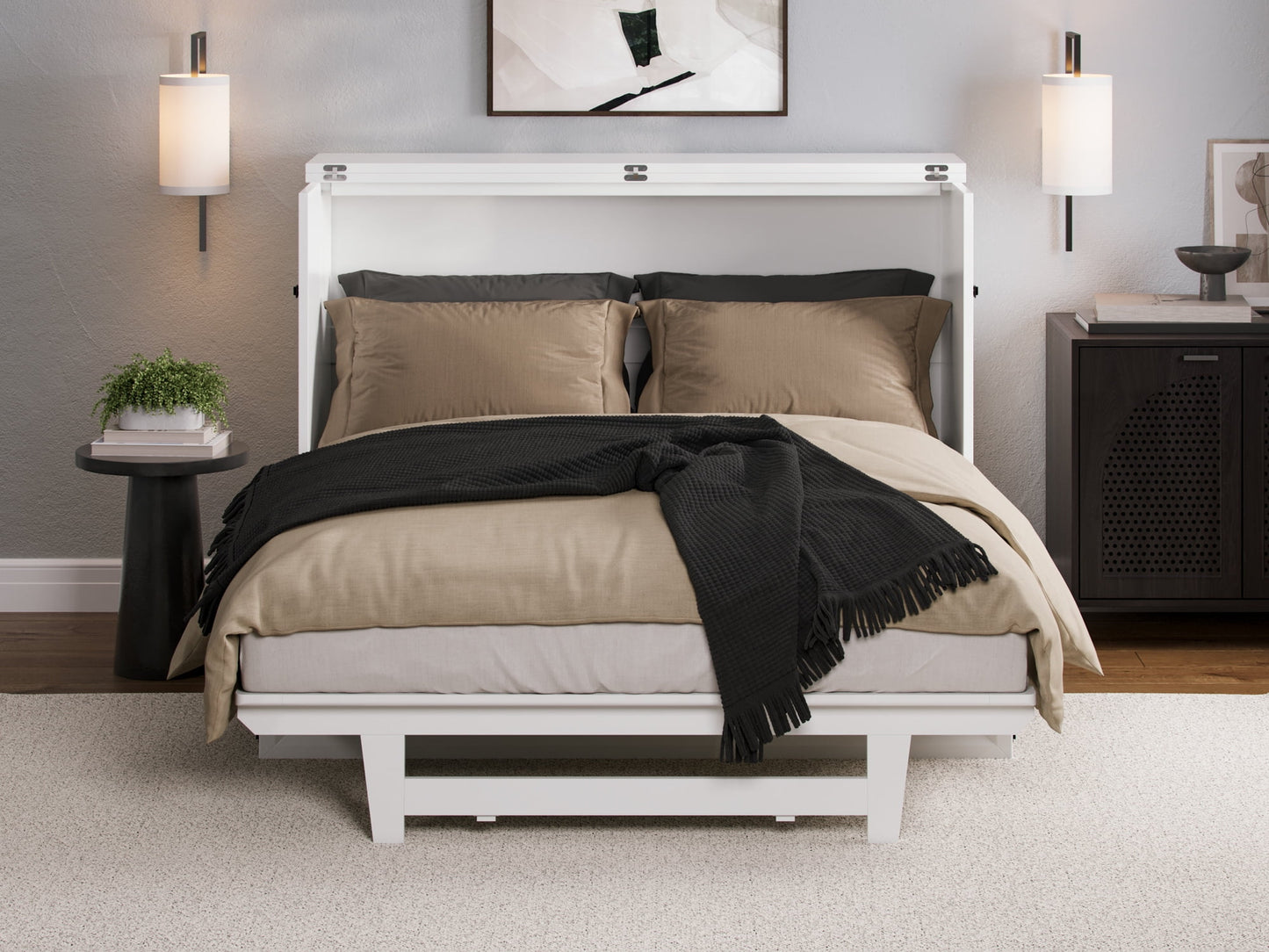 AFI Santa Fe Full Wood Murphy Bed Chest with Mattress and Built-in Charger, White