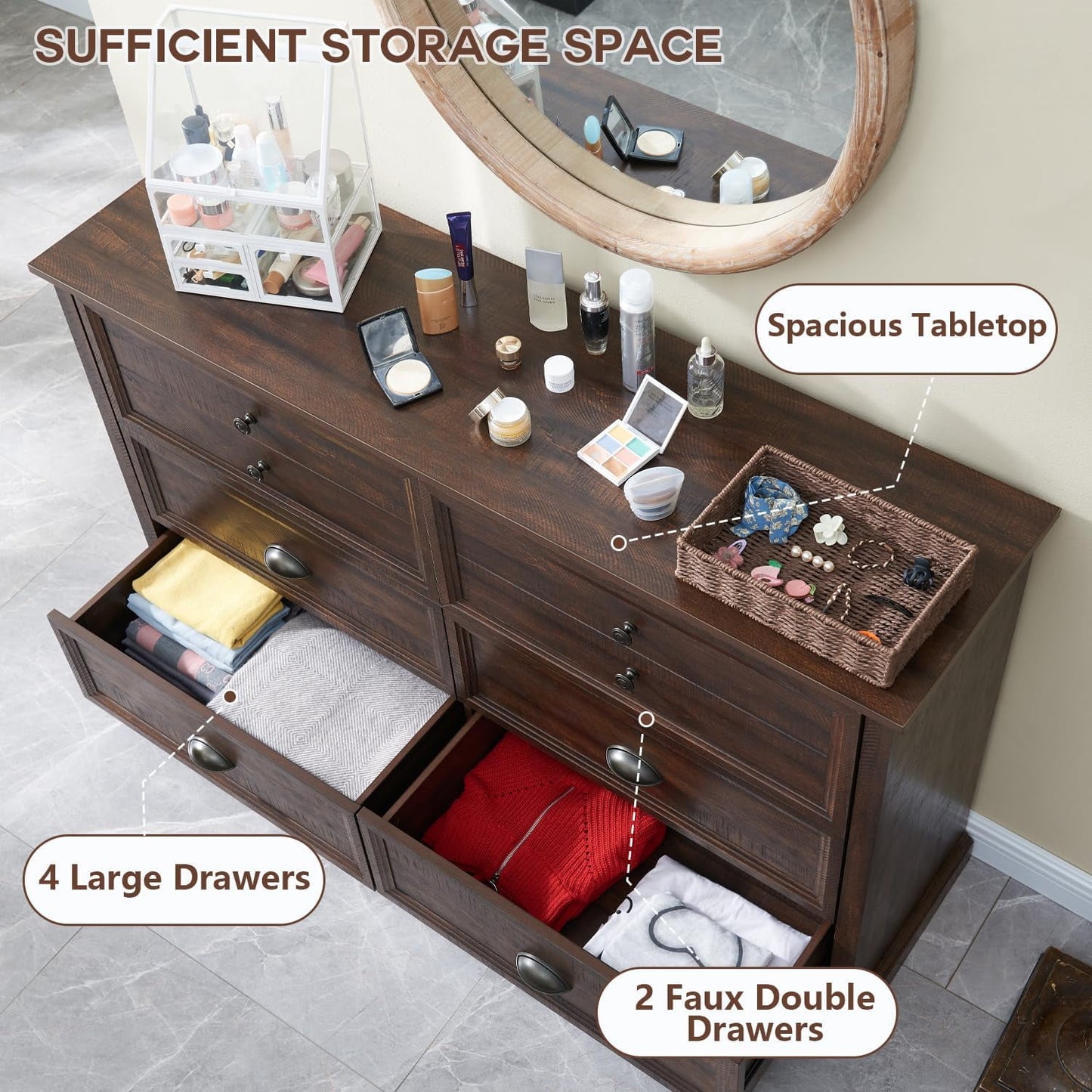 SinCiDo Dresser for Bedroom,6 Drawer Bedroom Dresser,Drawer White Dresser Organizer Storage, Farmhouse Wood Rustic Tall Dresser Chest of Drawer for Closet, Living Room, Hallway, Children's Room, Brown