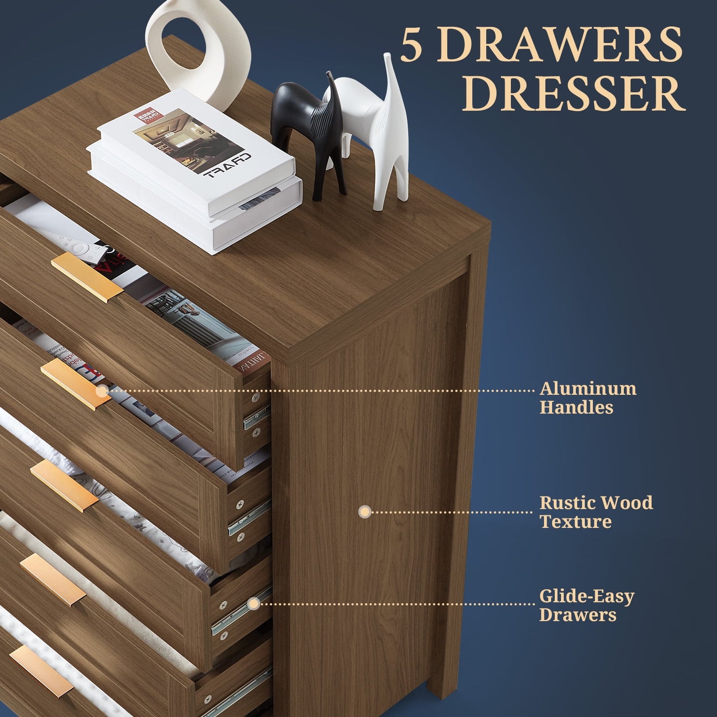 OAKHAM 5 Drawer Dresser, Modern Wooden Chests of Drawers, Tall Dressers for Bedroom, Special Walnut