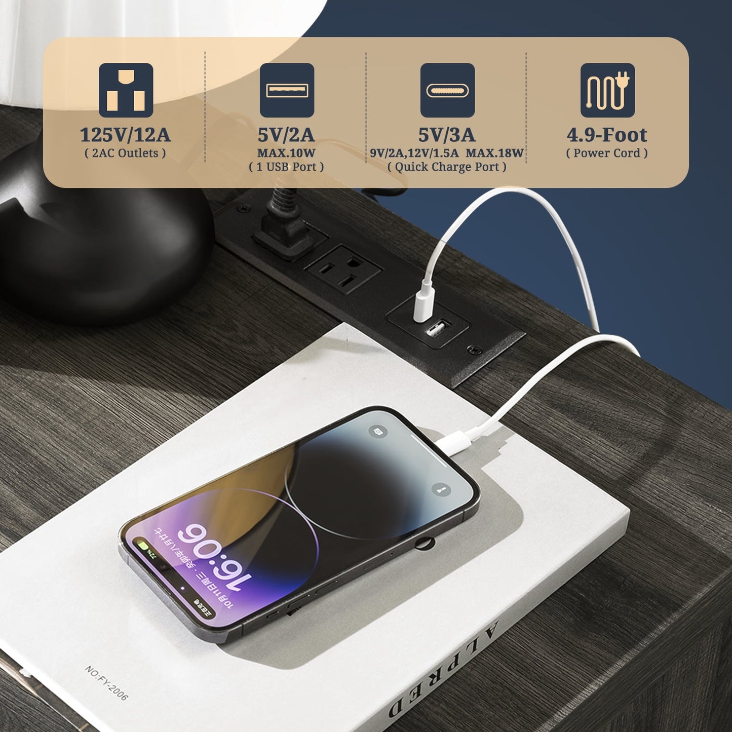 OAKHAM Rattan Nightstand set of 2 with Charging Station, Bedside Table with Type-C/USB Port, Boho Side Tables End Table for Living Room, Bedroom, Midnight Oak