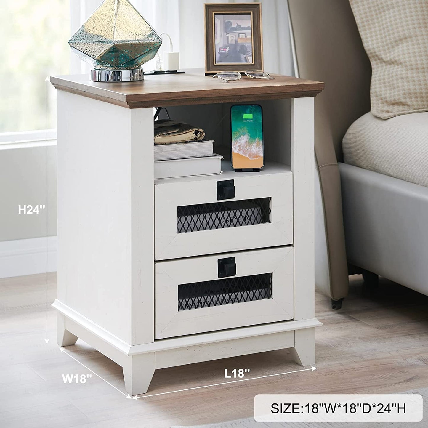 OKD 2-Drawer Wooden Nightstand with Charging Station for Living Room, Modern Square End Table, Antique White