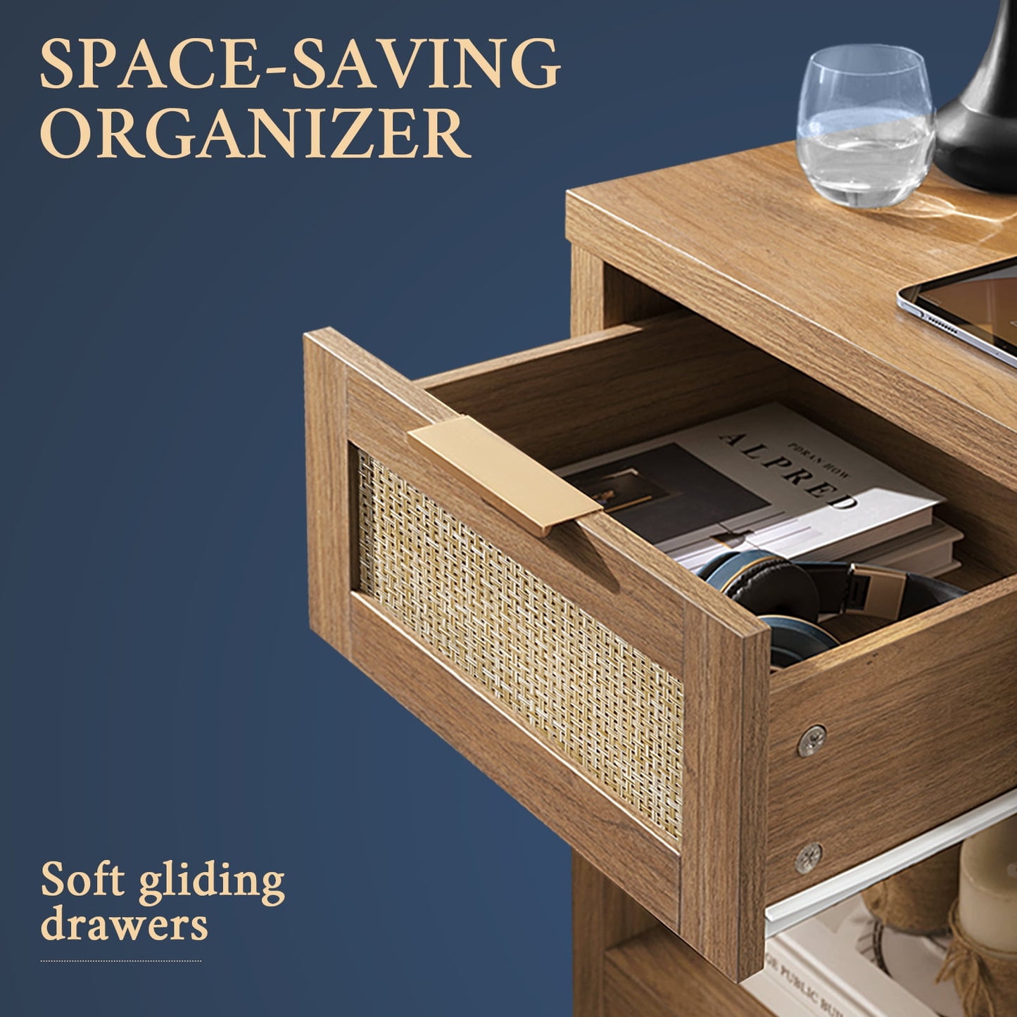 OAKHAM Rattan Nightstand set of 2 with Charging Station, Bedside Table with Type-C/USB Port, Boho Side Tables End Table for Living Room, Bedroom, Weathered Oak