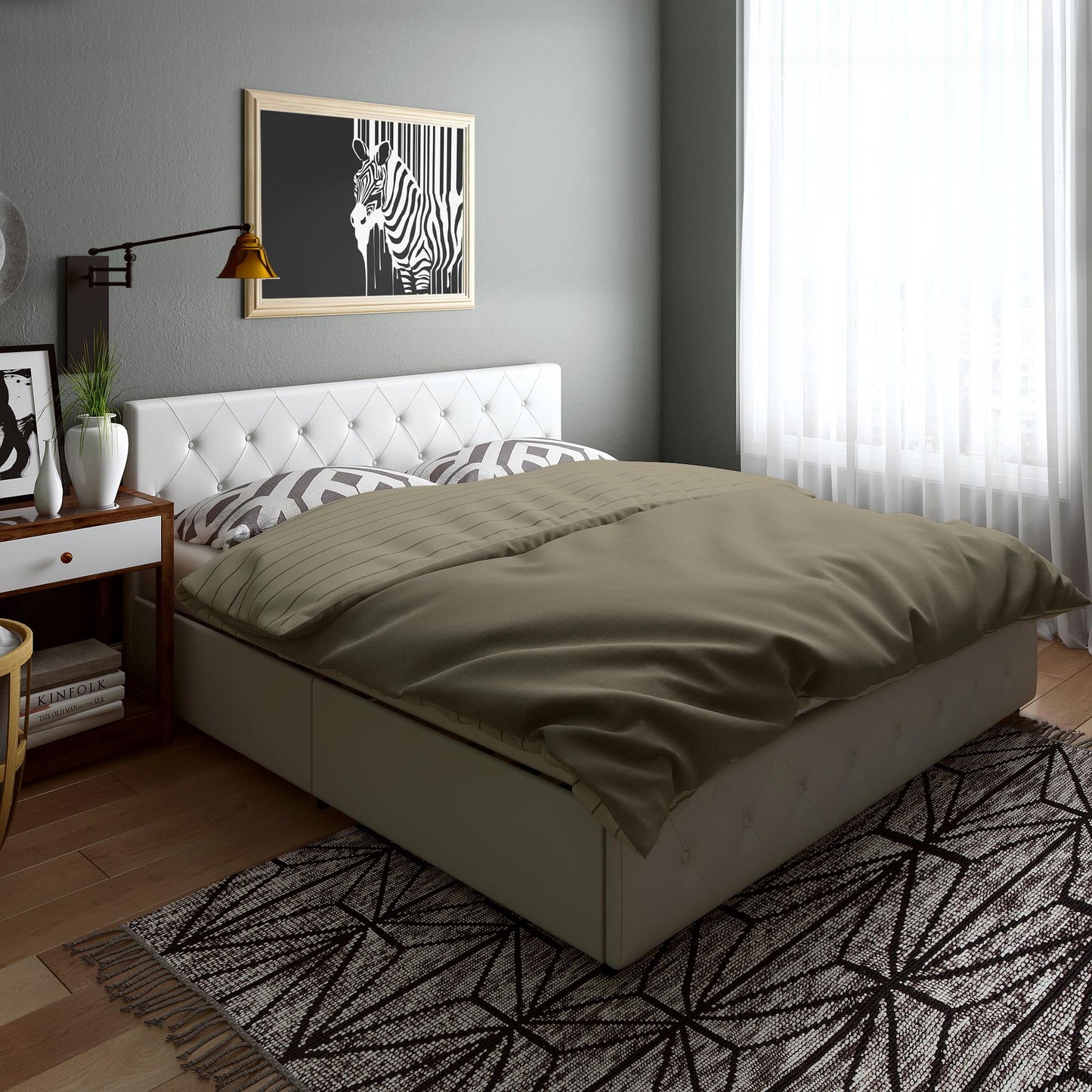 DHP Dakota Tufted Upholstered Storage Bed Frame, King, White Faux Leather