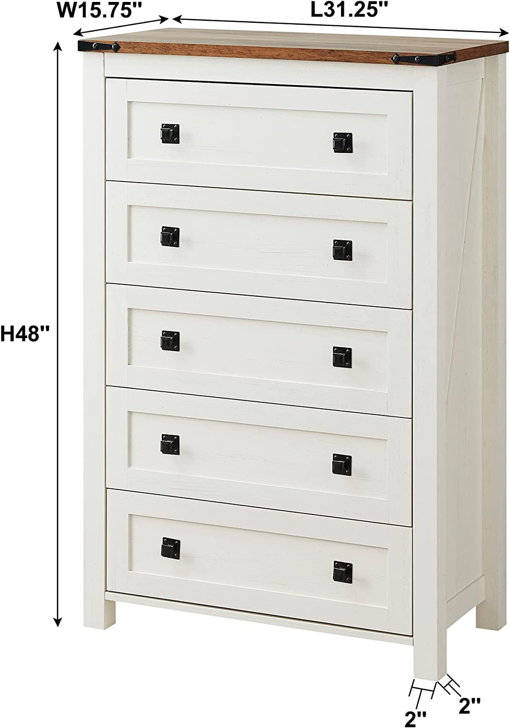 OKD 5 Drawer Farmhouse Dresser Chest for Living Room & Bedroom, Vertical Storage Cabinet, Rustic Wood, off White