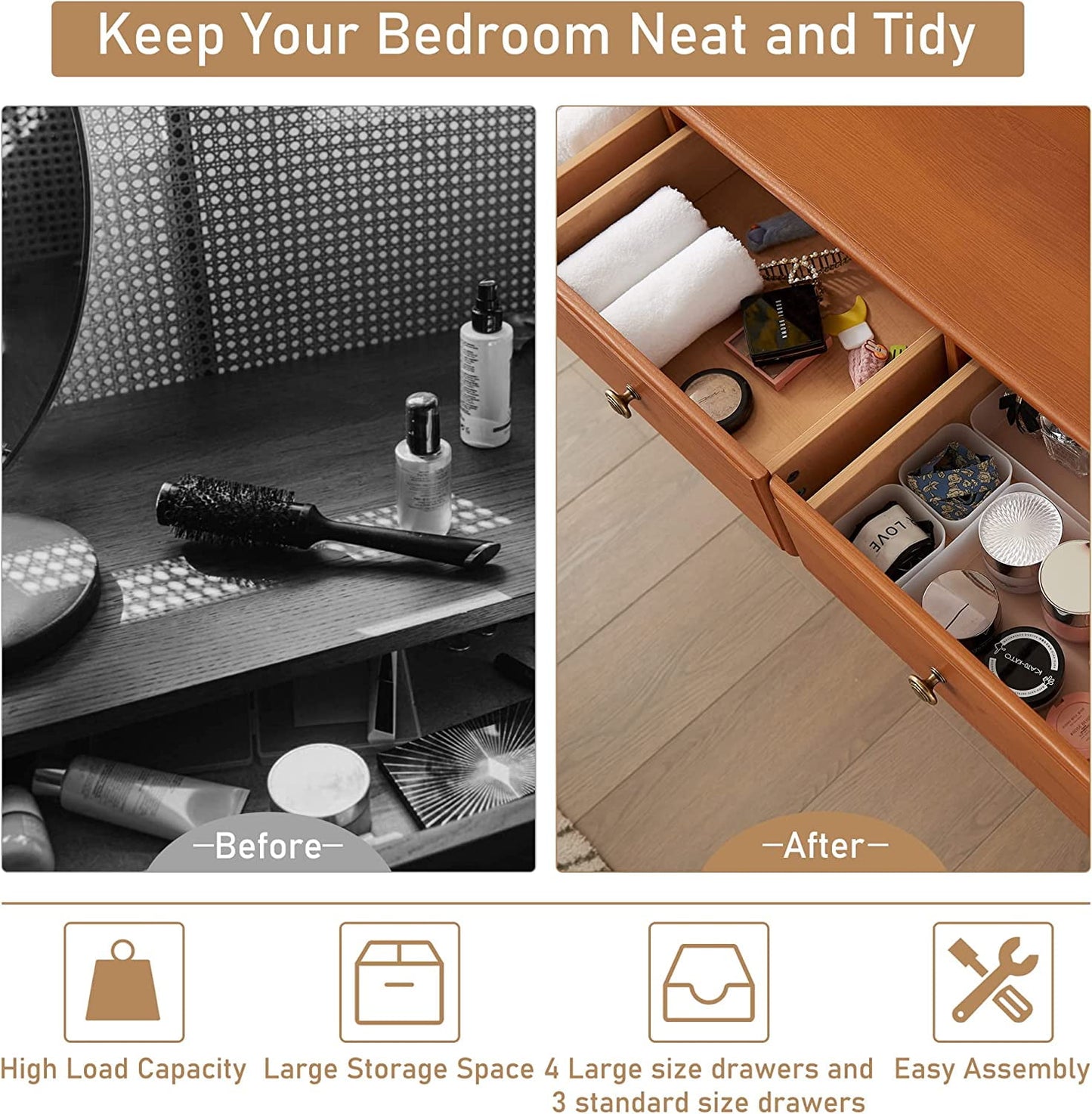 OKD 7 Drawers Dresser for Bedroom, Wide Chests of Drawers Storage Dresser Chests, Wood Rustic Storage Closet, Cherry