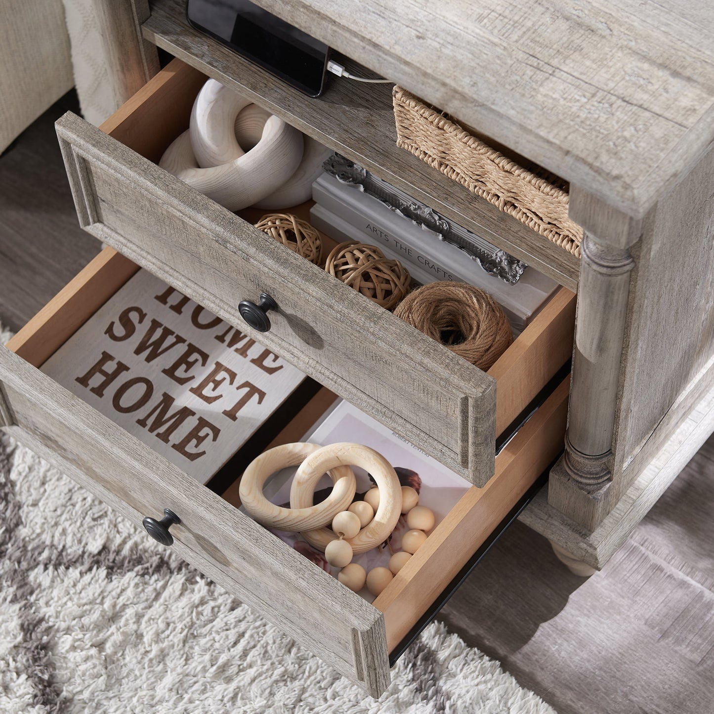 OKD Farmhouse 24in End Side Table With 2 Drawers BedSide Table with Charging Station, Tall Rustic Wood Square Nightstand for Living Room, Bedroom, Office,Light Rustic Oak