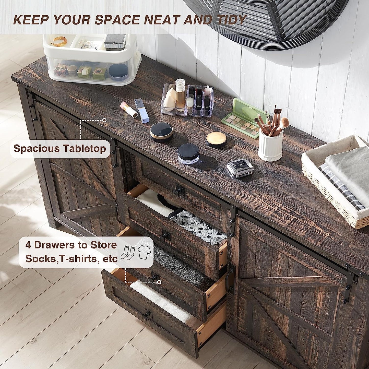 OKD 60in Farmhouse Dresser 4 Drawer Modern Storage Cabinet with Sliding Barn Door for Bedroom, Chest of Drawers Wood Organizer TV Stand for Living Room, Dark Rustic Oak