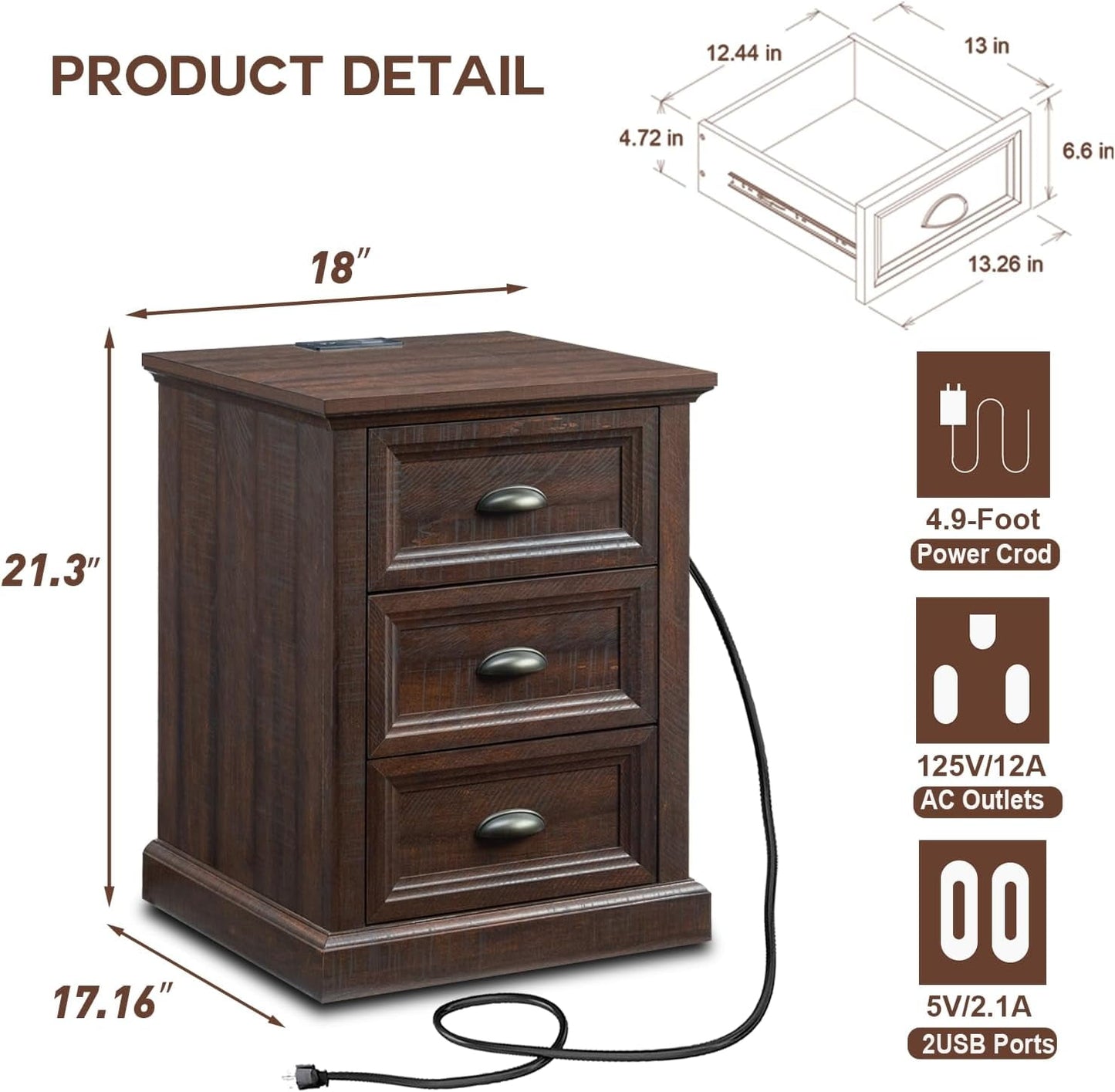 SinCiDo End Table, Dresser for Bedroom with 3 Drawers, Small Wood Rustic Nightstand with Charging Station for Living Room