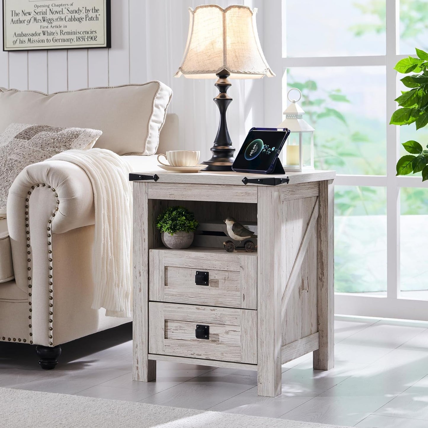 OKD Farmhouse 2-Drawer Nightstand with Charging Station, Antique Brush White