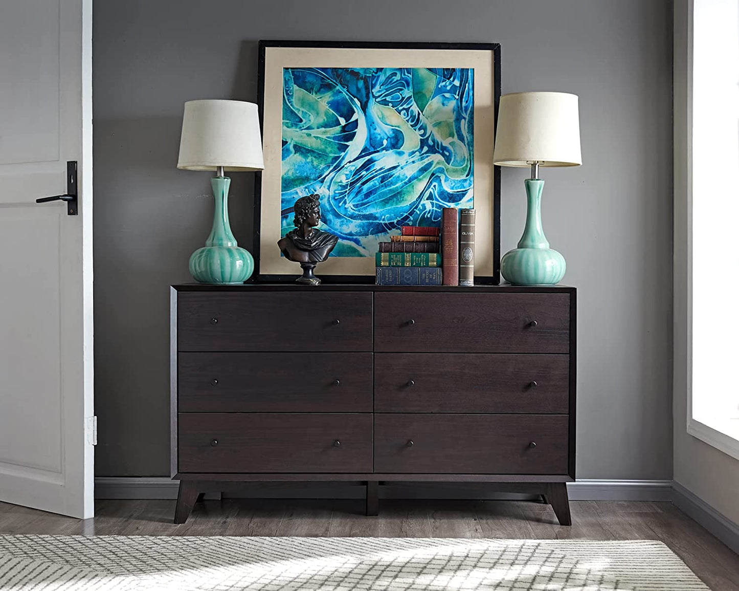 OKD 6 Drawer Black Dresser for Bedroom,Wooden Mid Century Modern Dresser for Living Room, Hallway, Kids Bedroom,Espresso