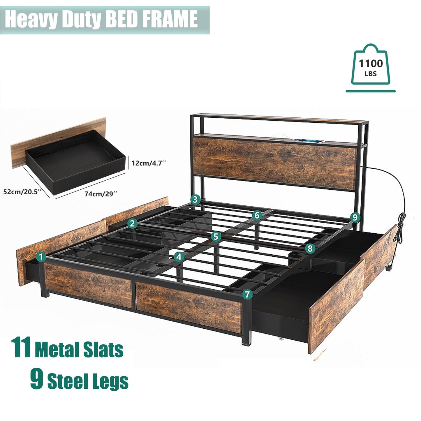 LED Queen Bed Frame with Power Charging Station & 4 Drawers, Metal Platform Bed with 2 Layer Storage Headboard(Brown-Queen)