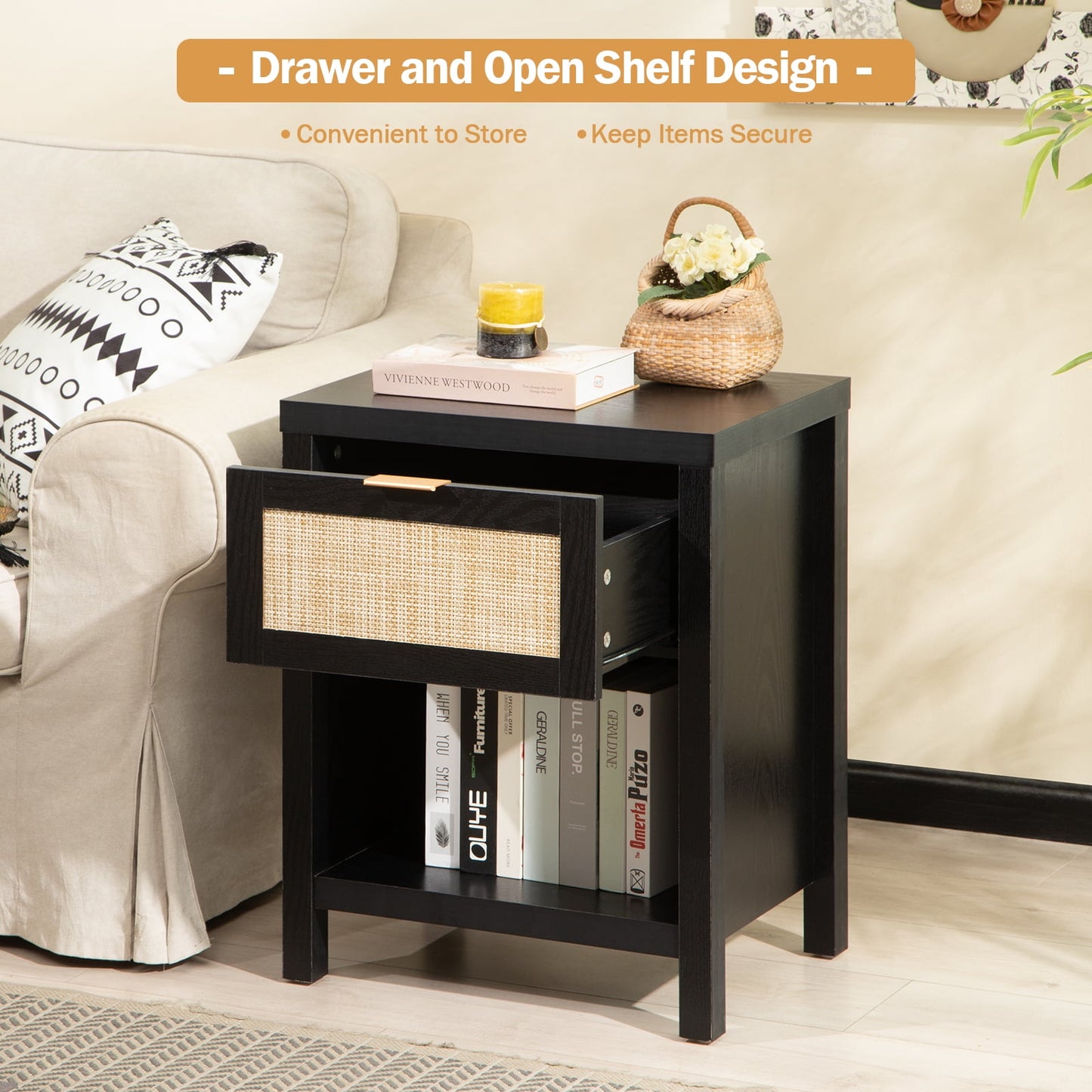 SINCEREFLY Rattan Nightstand with Drawer Boho Bedside Table with Open Shelf Black Night Stand for Bedroom