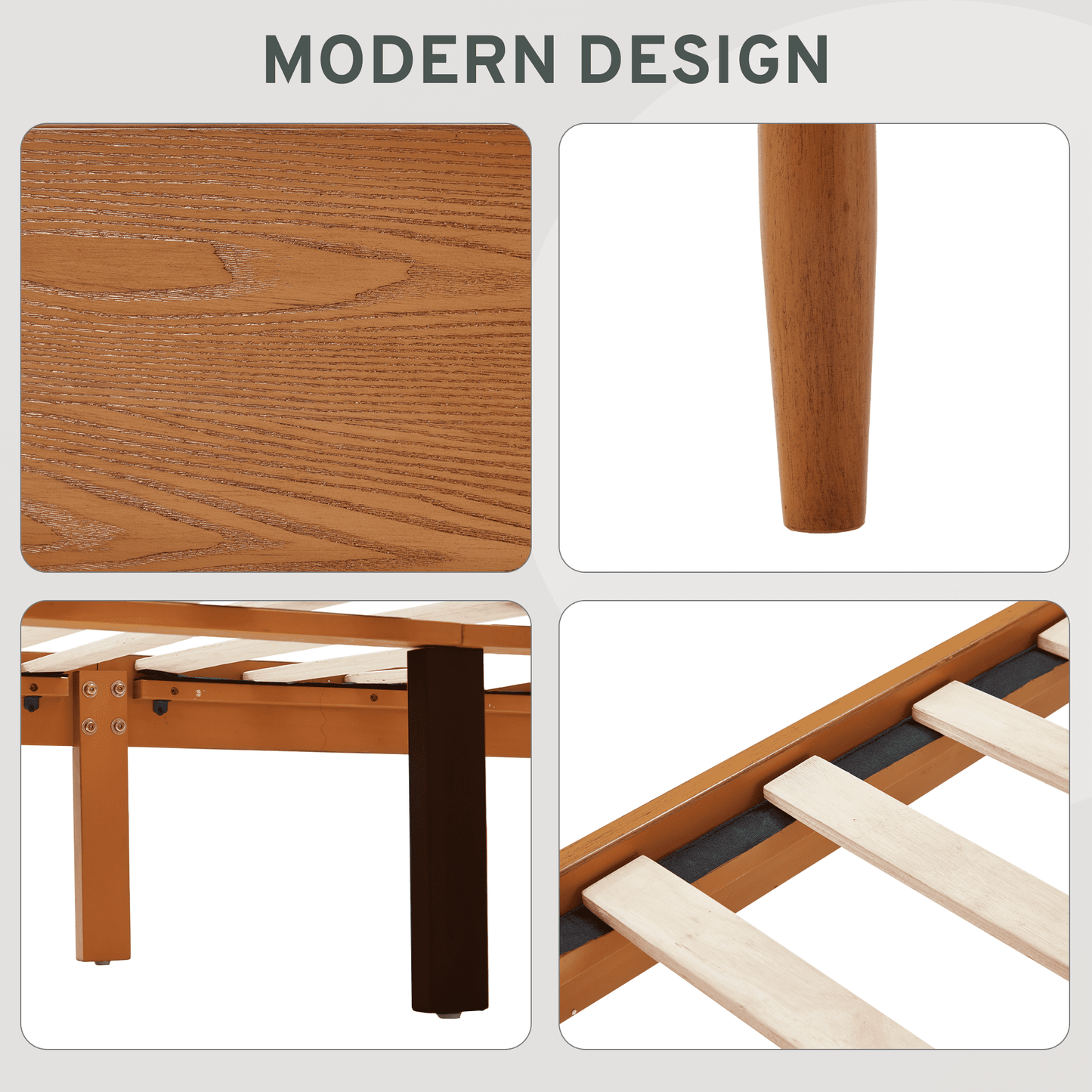 Hommow Modern Solid Wood Platform Bed, Bed Frame with Headboard, Solid Wood Bed Frame with Wood Slat Support, Queen, Orange