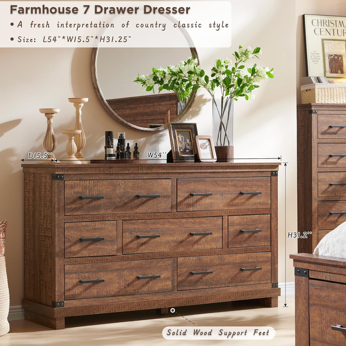 OKD 54in W Farmhouse Dresser 7 Drawers Modern Rustic Wood Chest of Drawers Closet Storage Organizers for Bedroom Living Room Hallway£¬Reclaimed Barnwood