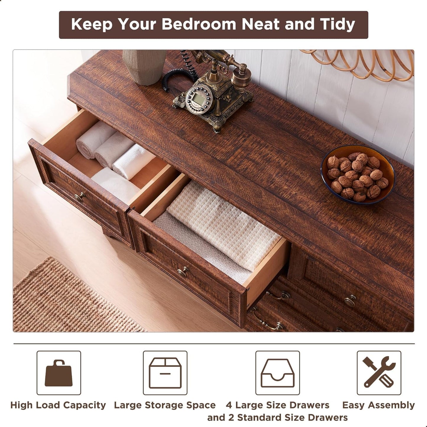 OKD Farmhouse 7 Drawers Dresser Chests for Bedroom, Wood Rustic Tall Chest of Drawers, Dressers Organizer for Living Room, Brown