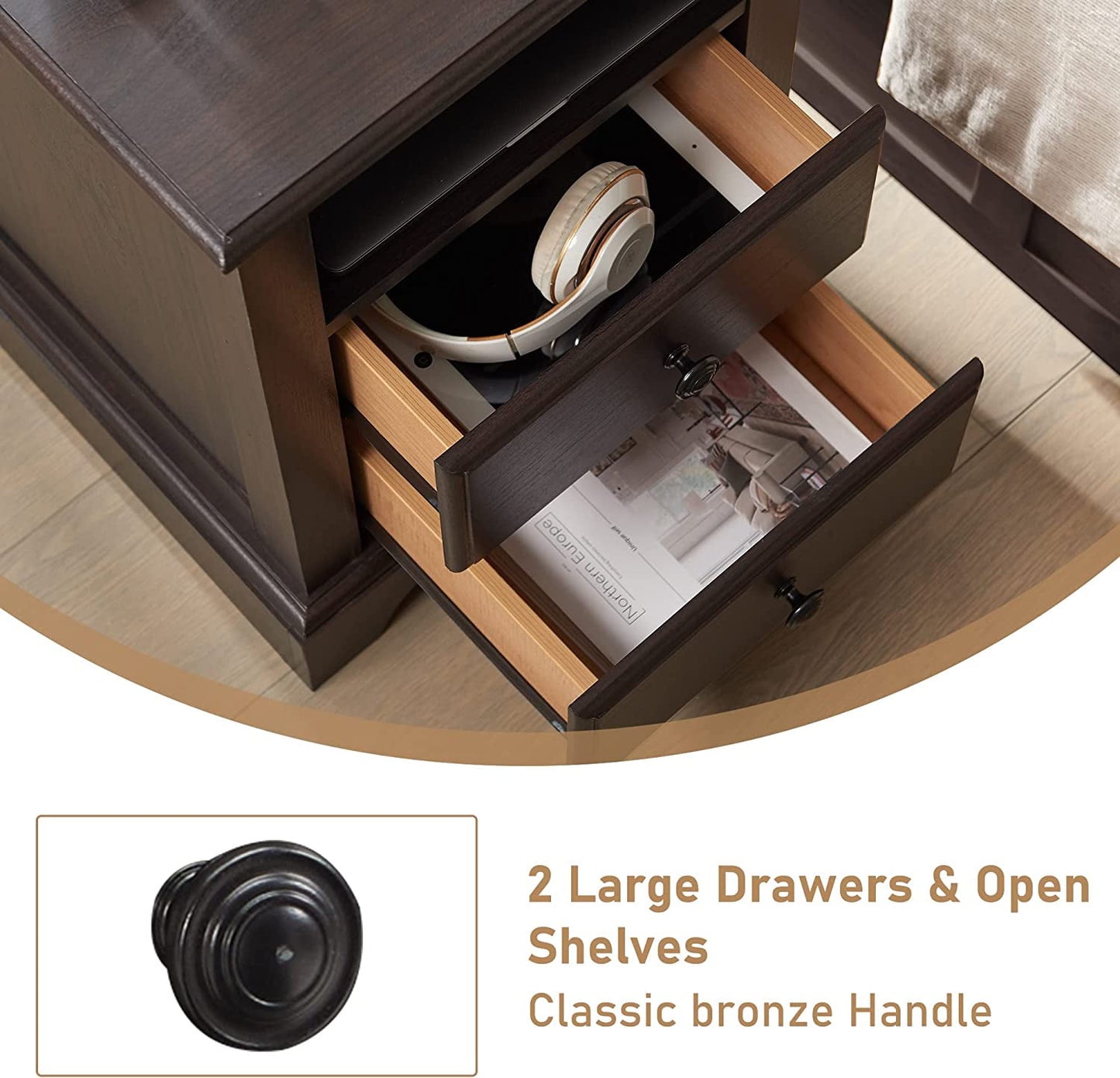 OKD Farmhouse 2-Drawer Nightstand with Charging Station, Modern End Table , Wood Rustic Bedside Tables with Open Storage Shelf , Espresso