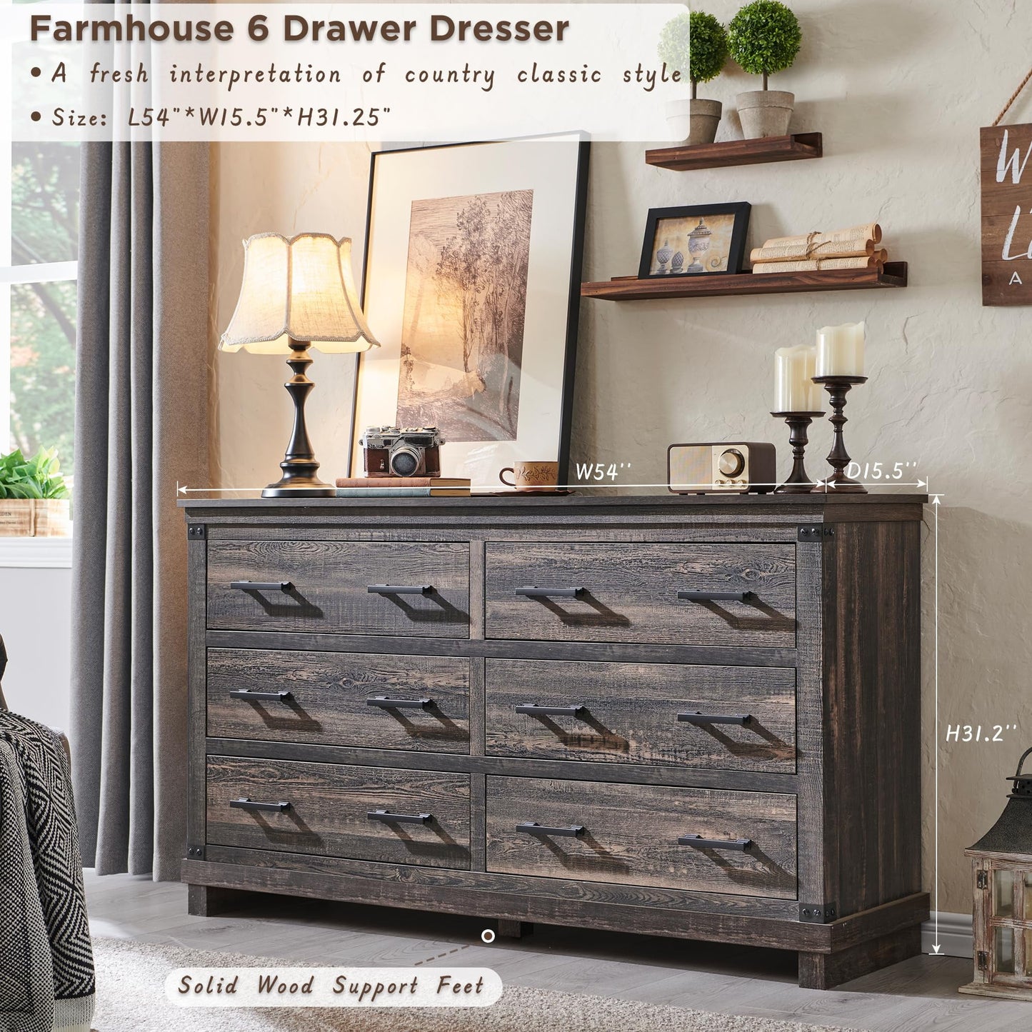OKD Farmhouse 6 Drawers Dresser for Bedroom, Large Chest of Drawers with Thick Plank Styling, Wood Rustic Closet Dresser for Bedroom, Living Room, Dark Rustic Oak
