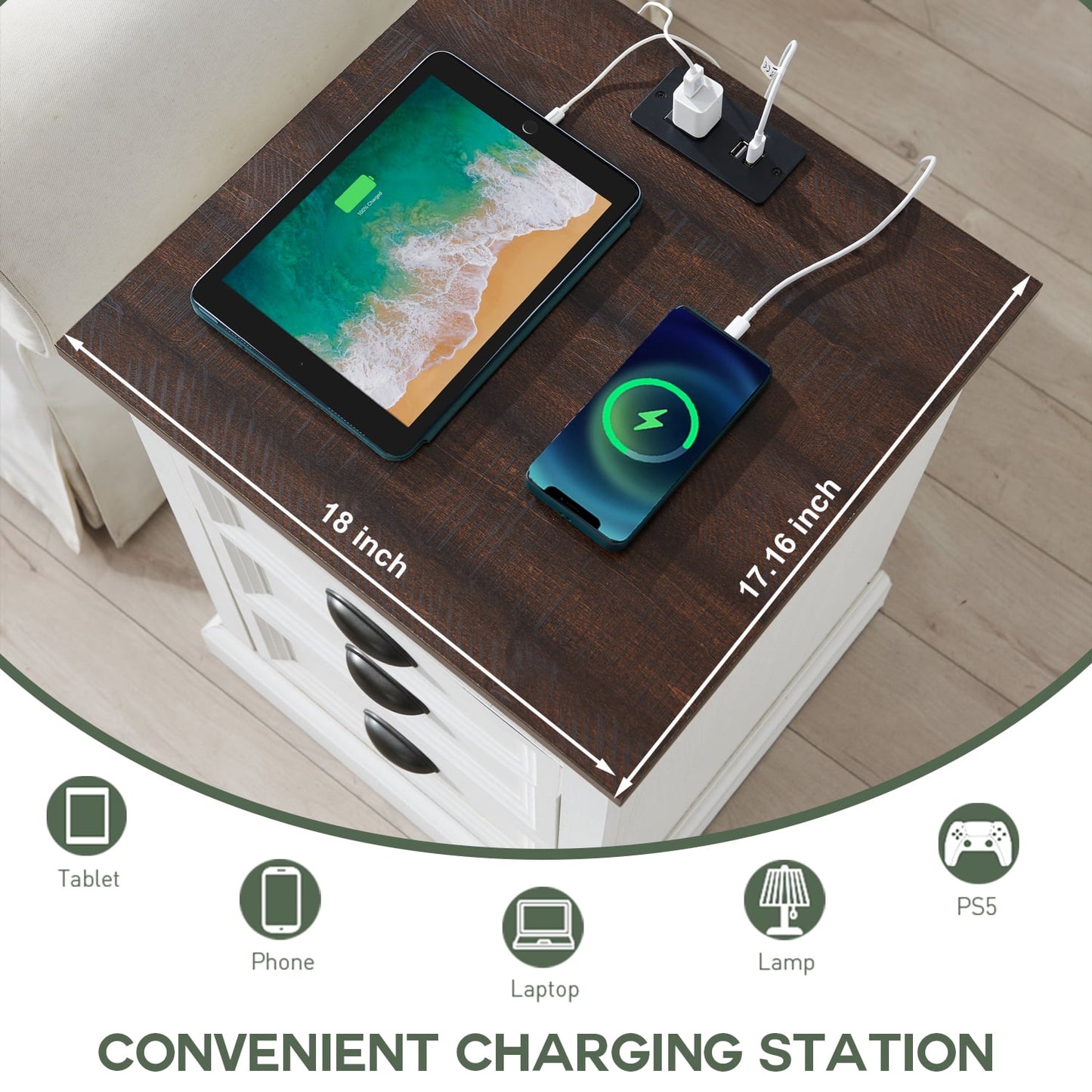 SinCiDo White Nightstand with Charging Station, 3 Drawer Dresser for Bedroom,Small Wood Rustic Dresser with Drawers,End Table Side Table for Bedroom,Living Room, Wihte