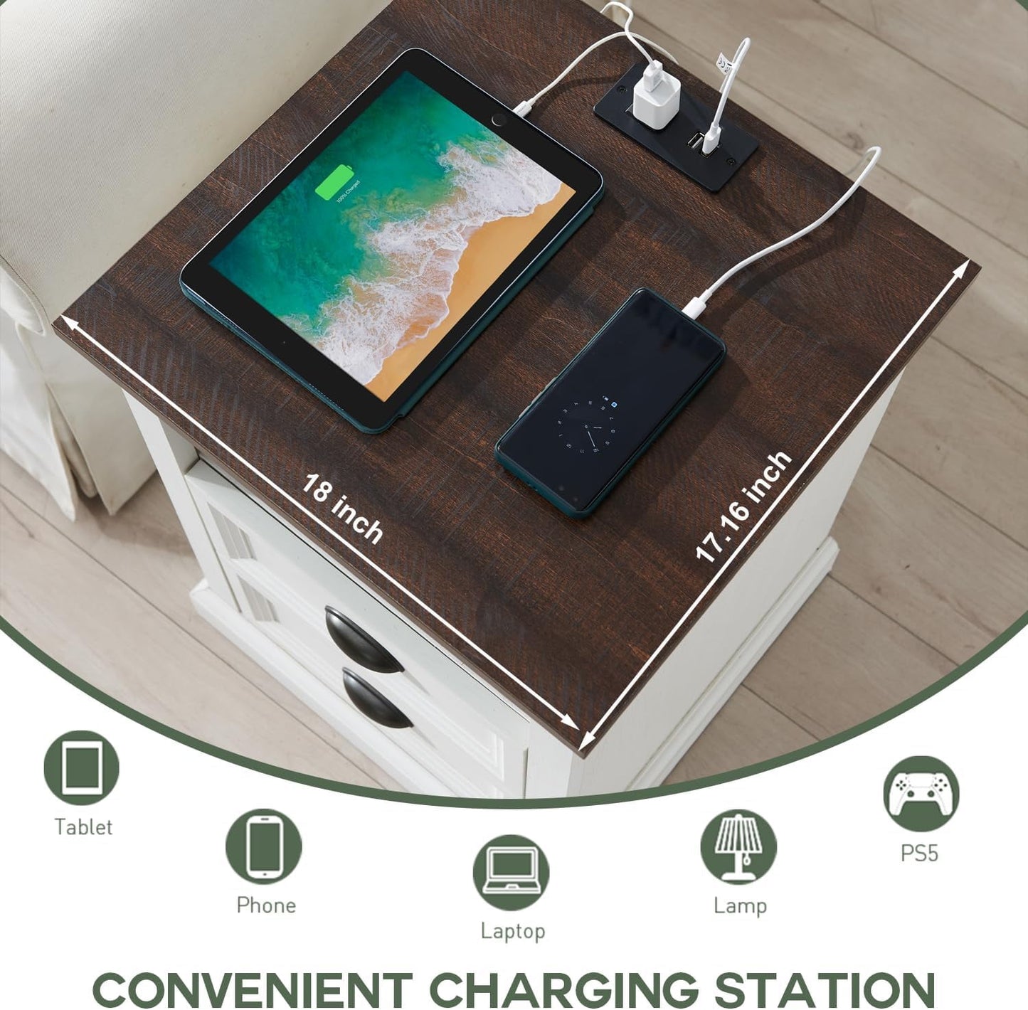 SinCiDo End Table, Dresser for Bedroom with 2 Drawers, Small Wood Rustic Nightstand with Charging Station for Living Room