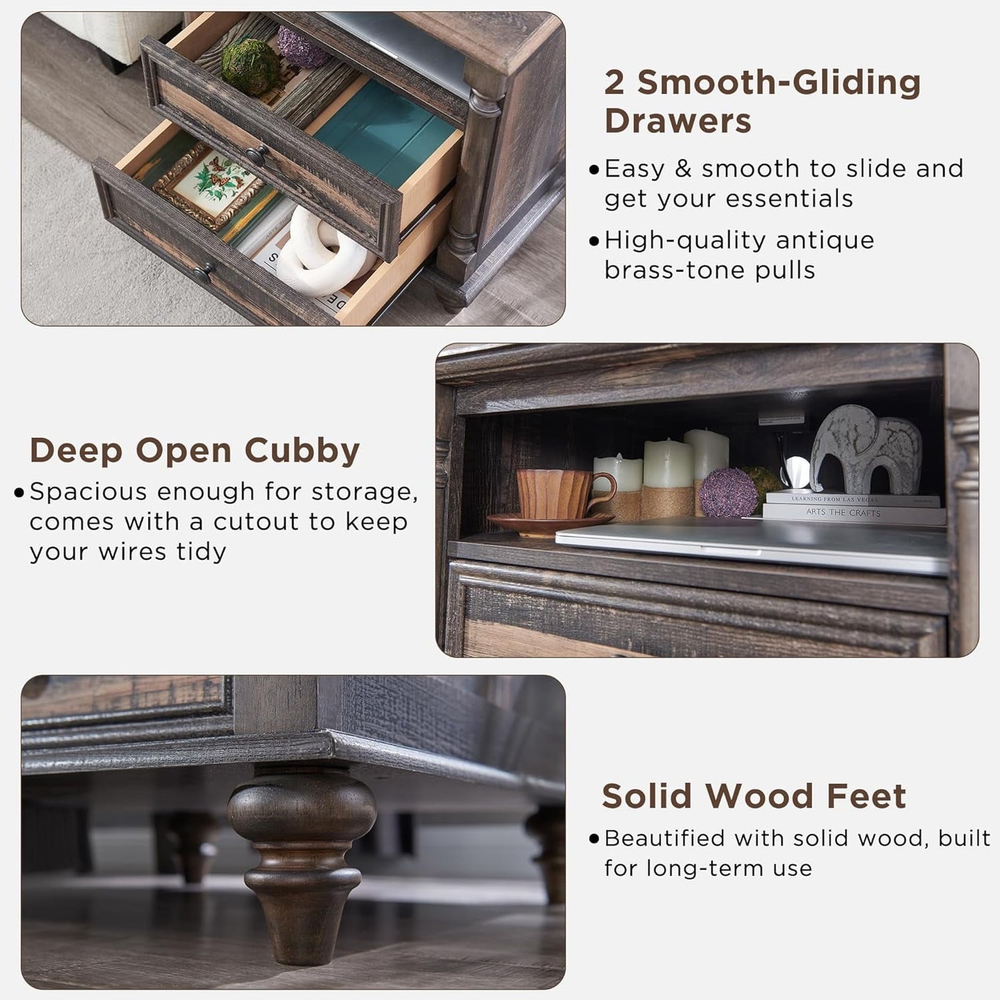 OKD Farmhouse 24in Side Table With 2 Drawers End Table with Charging Station, Tall Rustic Wood Square Nightstand for Living Room, Bedroom, Office,Dark Rustic Oak