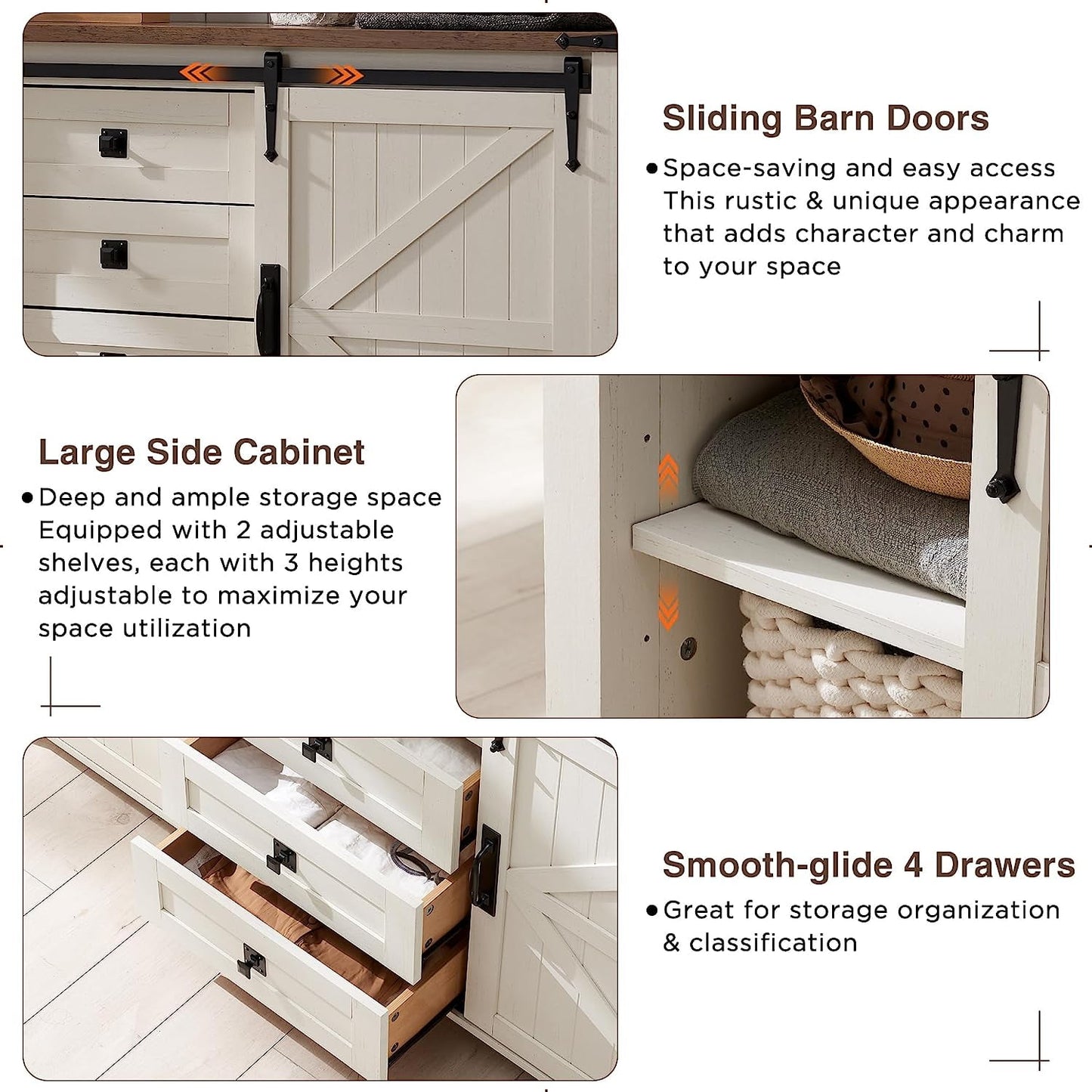 OKD 60in Farmhouse Dresser 4 Drawer with Sliding Barn Door Modern Storage Cabinet for Bedroom, Rustic Chest of Drawers Wood Organizer TV Stand for Living Room, Antique White