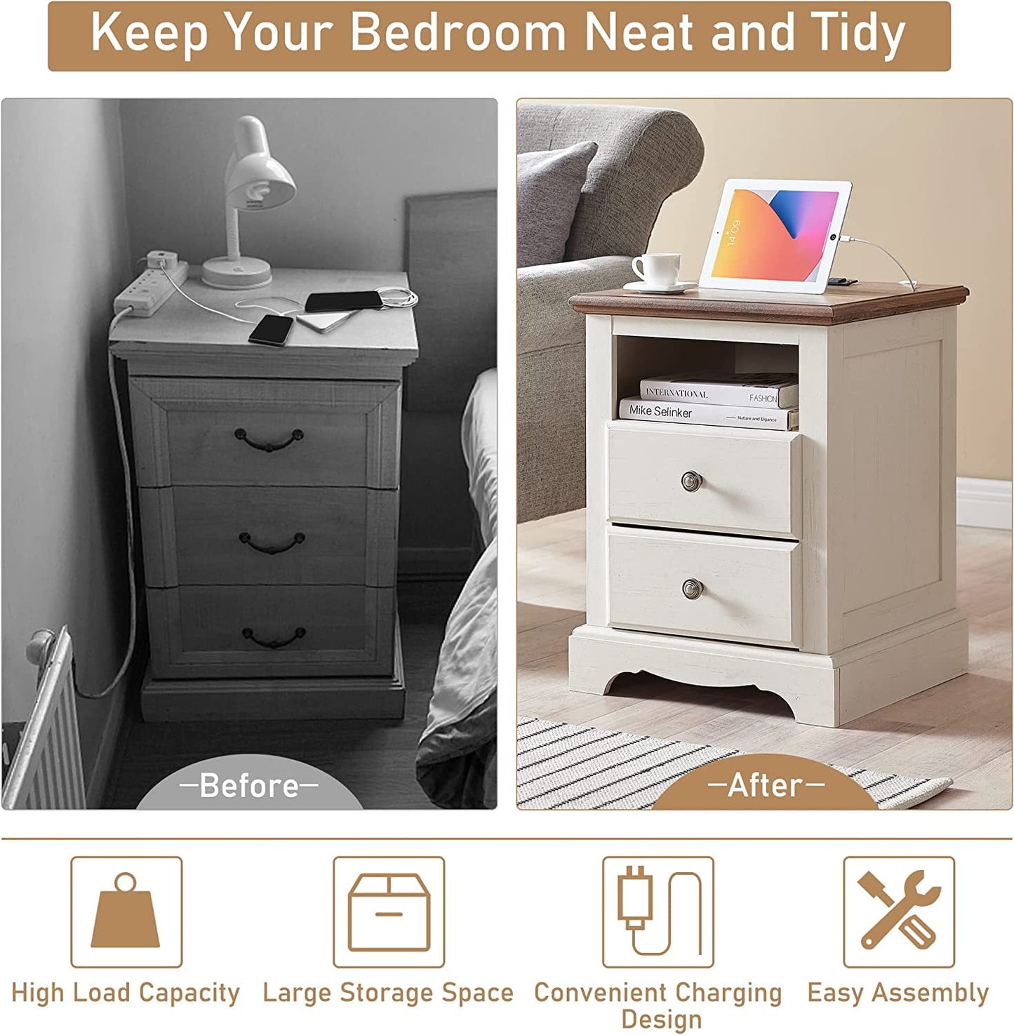 OKD 18in Bedside Nightstand with 2 Drawers, Charging Station, Wood Rustic End Table, Antique White