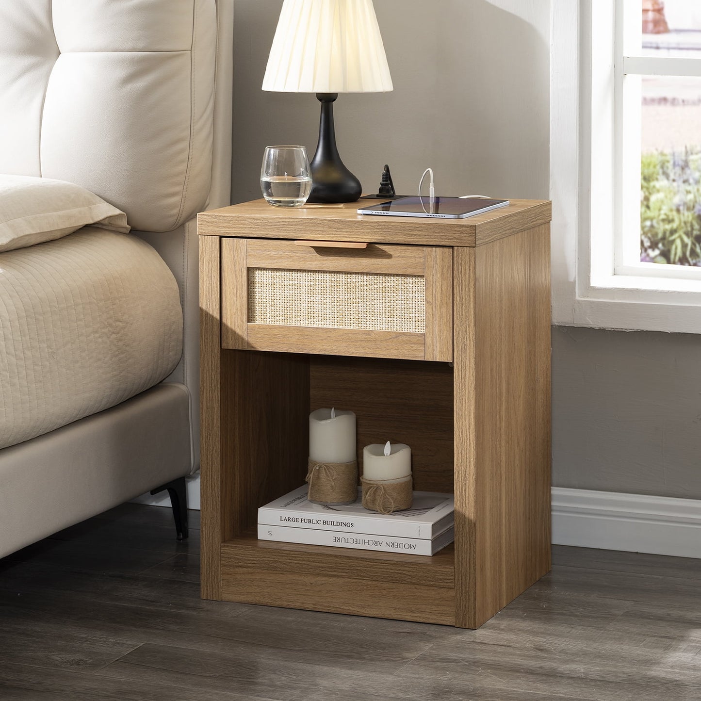 OAKHAM Rattan Nightstand with Charging Station, Bedside Table with Type-C/USB Port, Boho Side Tables End Table for Living Room, Bedroom, Weathered Oak