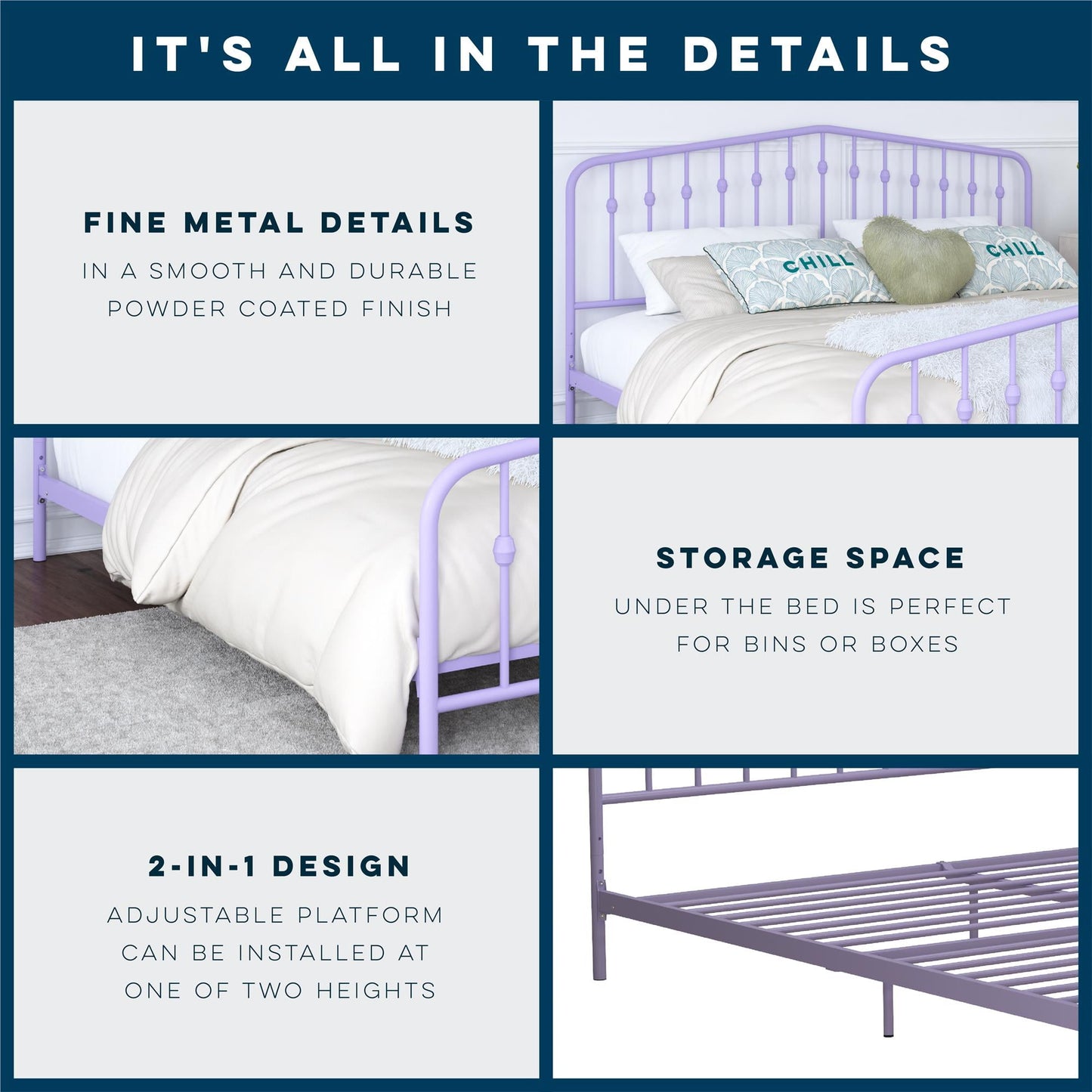 Novogratz Bushwick Metal Platform Bed Frame with Headboard, King, Lavender