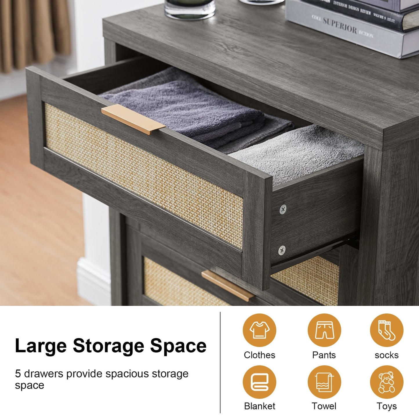 OAKHAM 5 Drawer Dresser, Rattan Wide Chest of Drawers for Bedroom Living Room, Midnight Oak