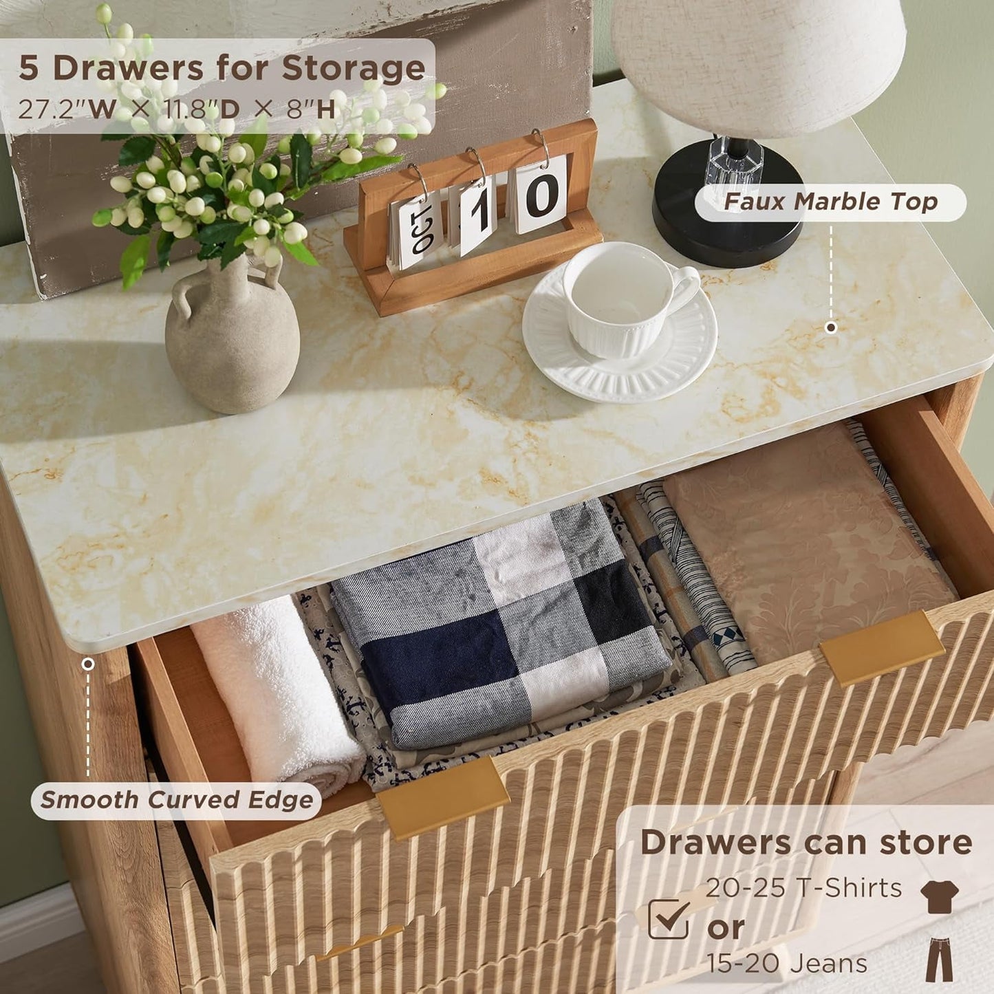 OKD 5 Drawers Dresser with Faux Marble Top, Modern Storage Cabinet for Bedroom, Chest of Drawers Wood Organizer for Living Room (Natural Oak)