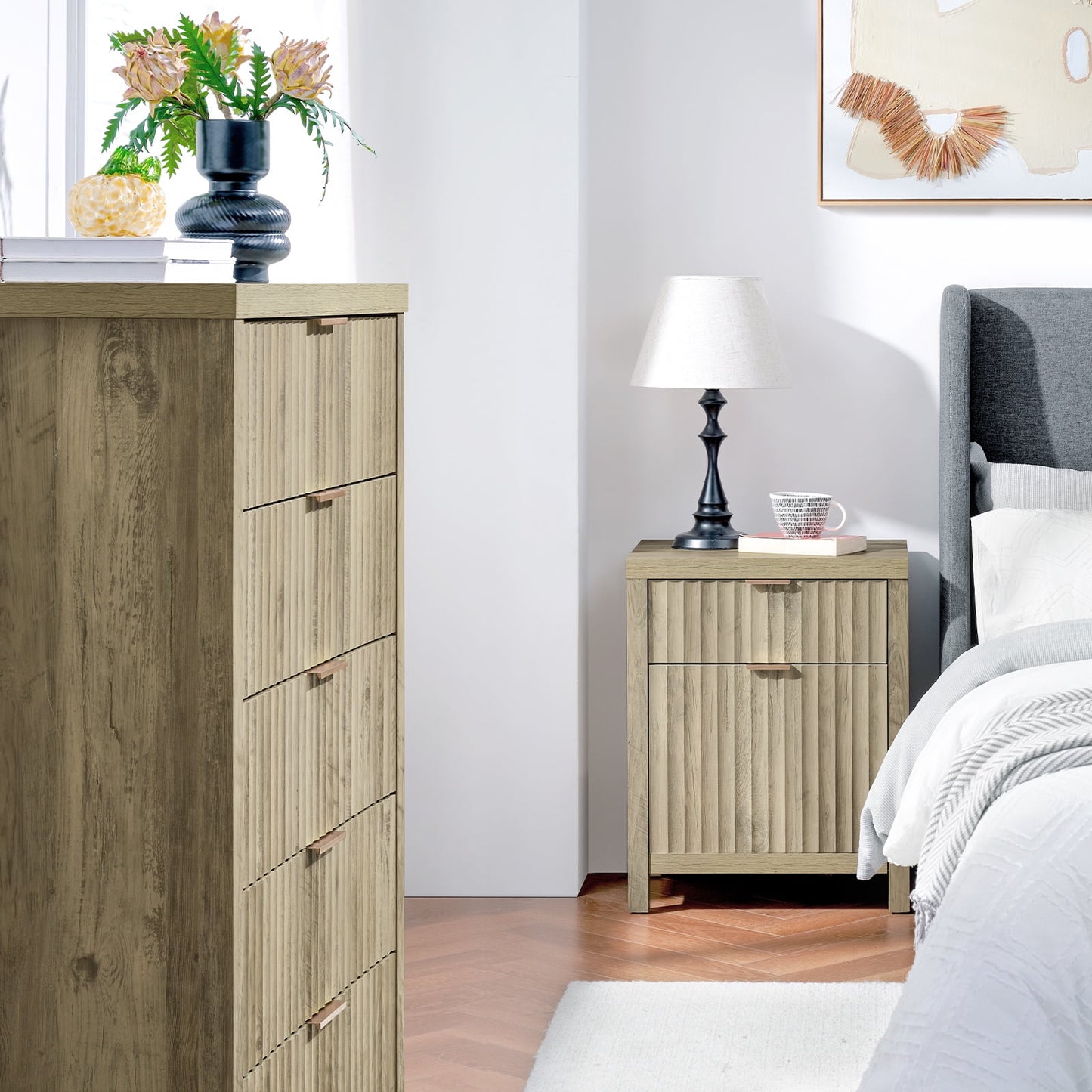 OAKHAM 5 Drawer Dresser, Fluted Vertical Chest of Drawers for Bedroom Living Room, Sunwashed Ash Oak